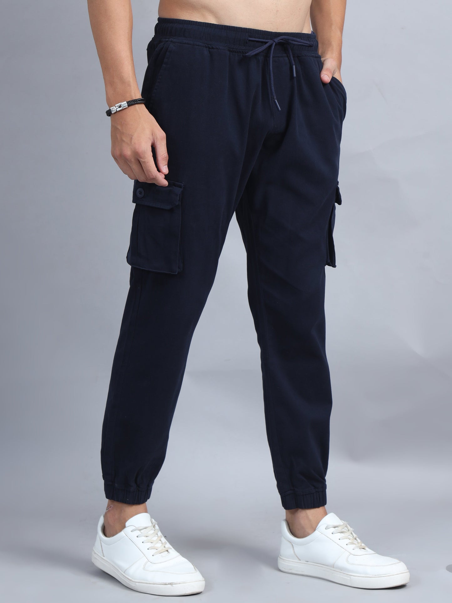 Men Cotton Regular Fit Cargo Joggers, NAVY