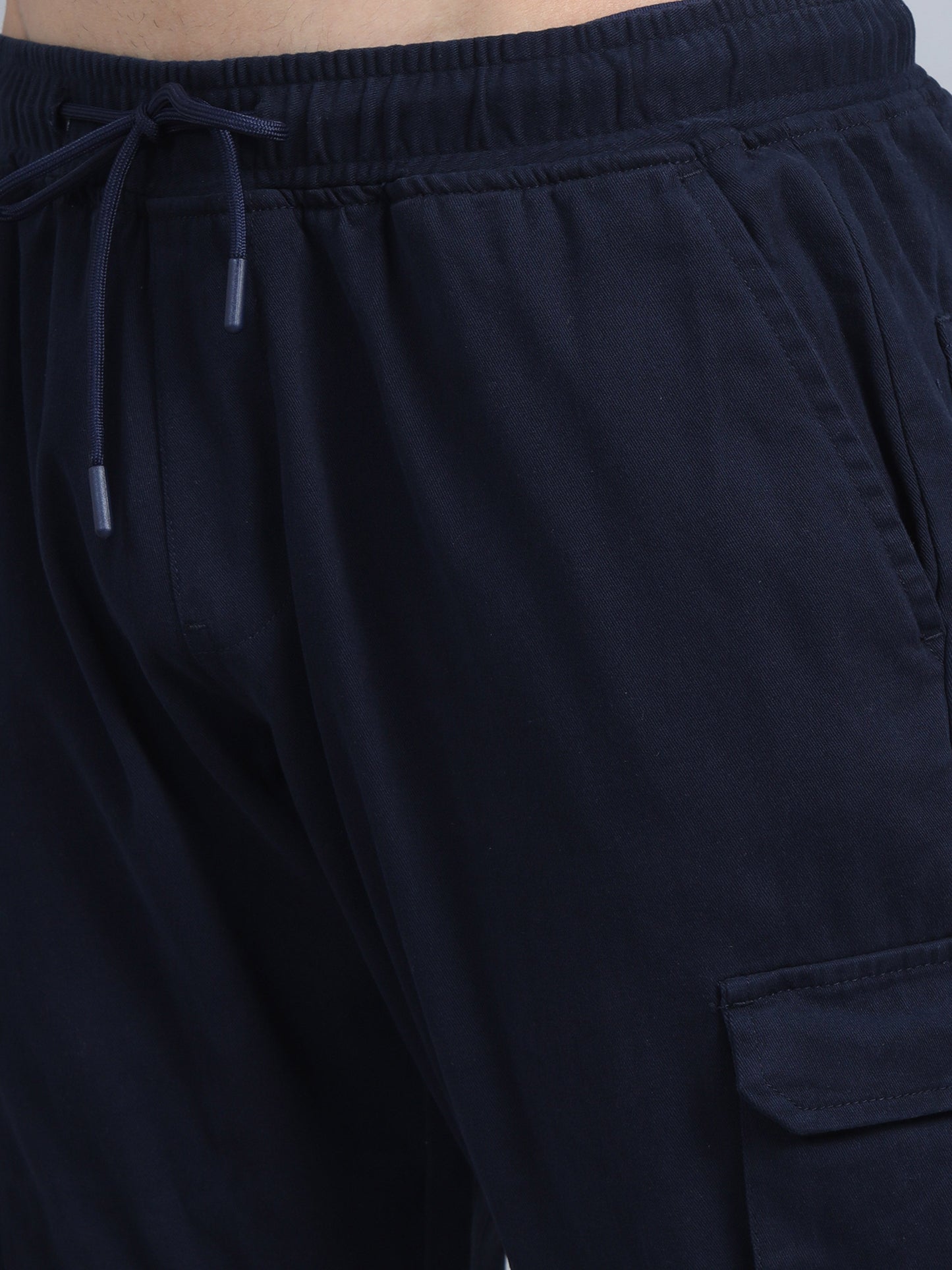 Men Cotton Regular Fit Cargo Joggers, NAVY