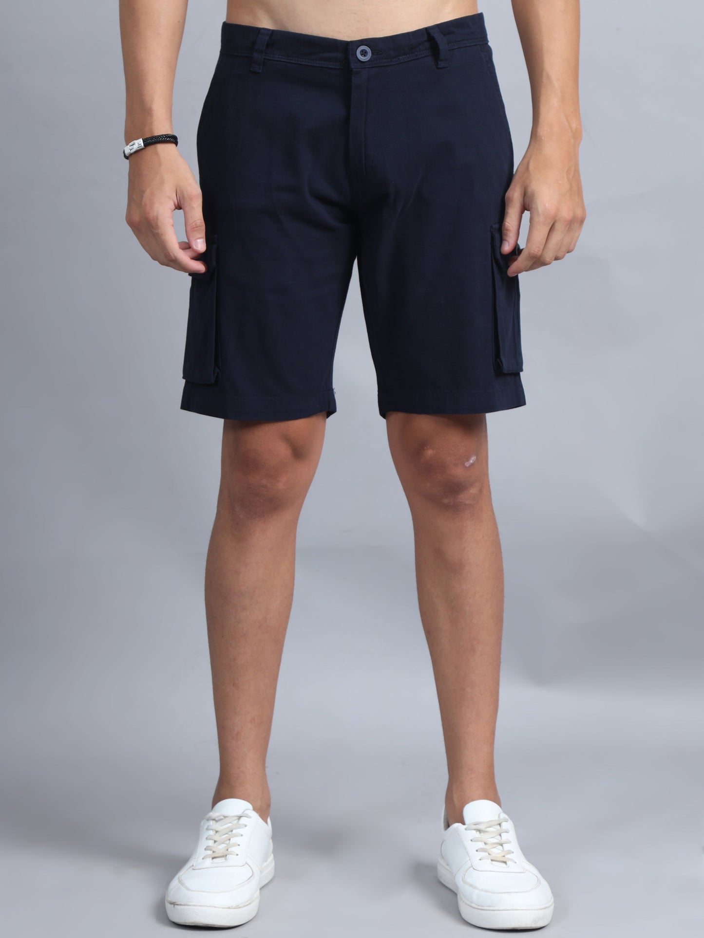 Men Cotton Regular Fit Cargo Shorts, NAVY BLUE SILISOUL