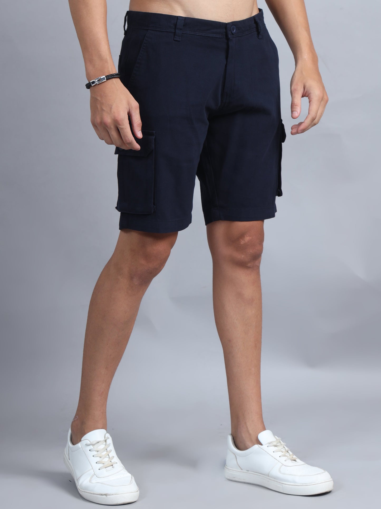 Men Cotton Regular Fit Cargo Shorts, NAVY BLUE SILISOUL