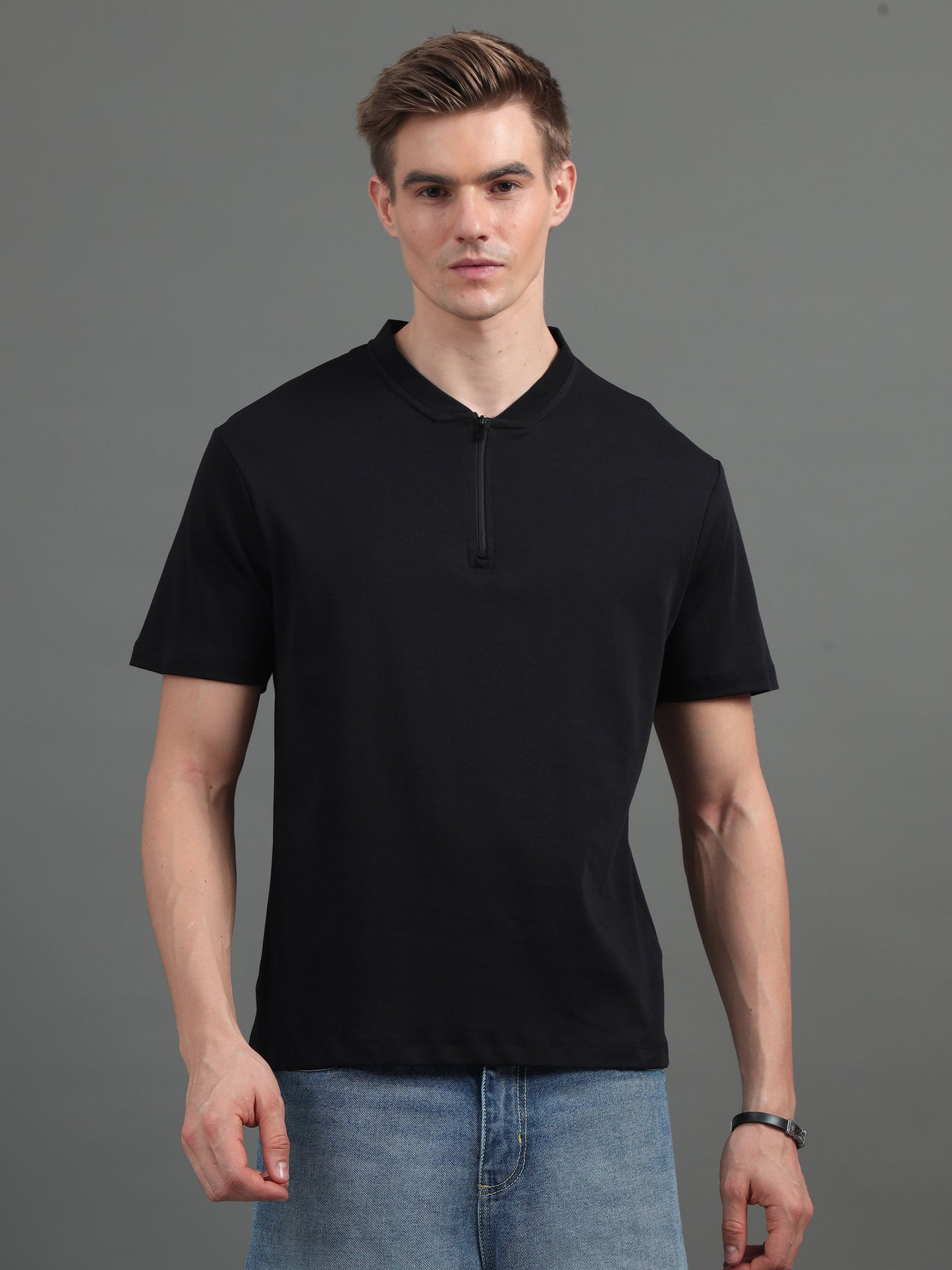 Men Regular Fit Polo T-Shirt with Zipper Black