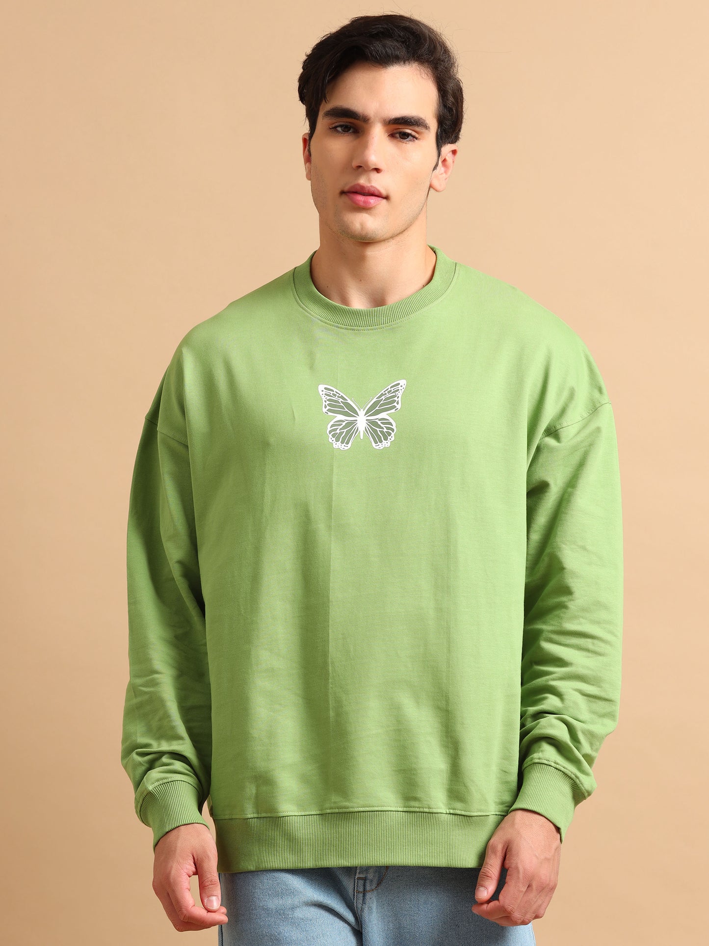 Men Printed Oversized Sweatshirt Pure Cotton Full Sleeve Green