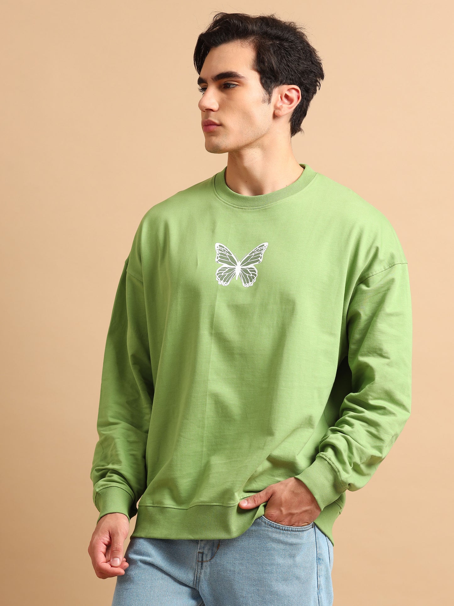 Men Printed Oversized Sweatshirt Pure Cotton Full Sleeve Green