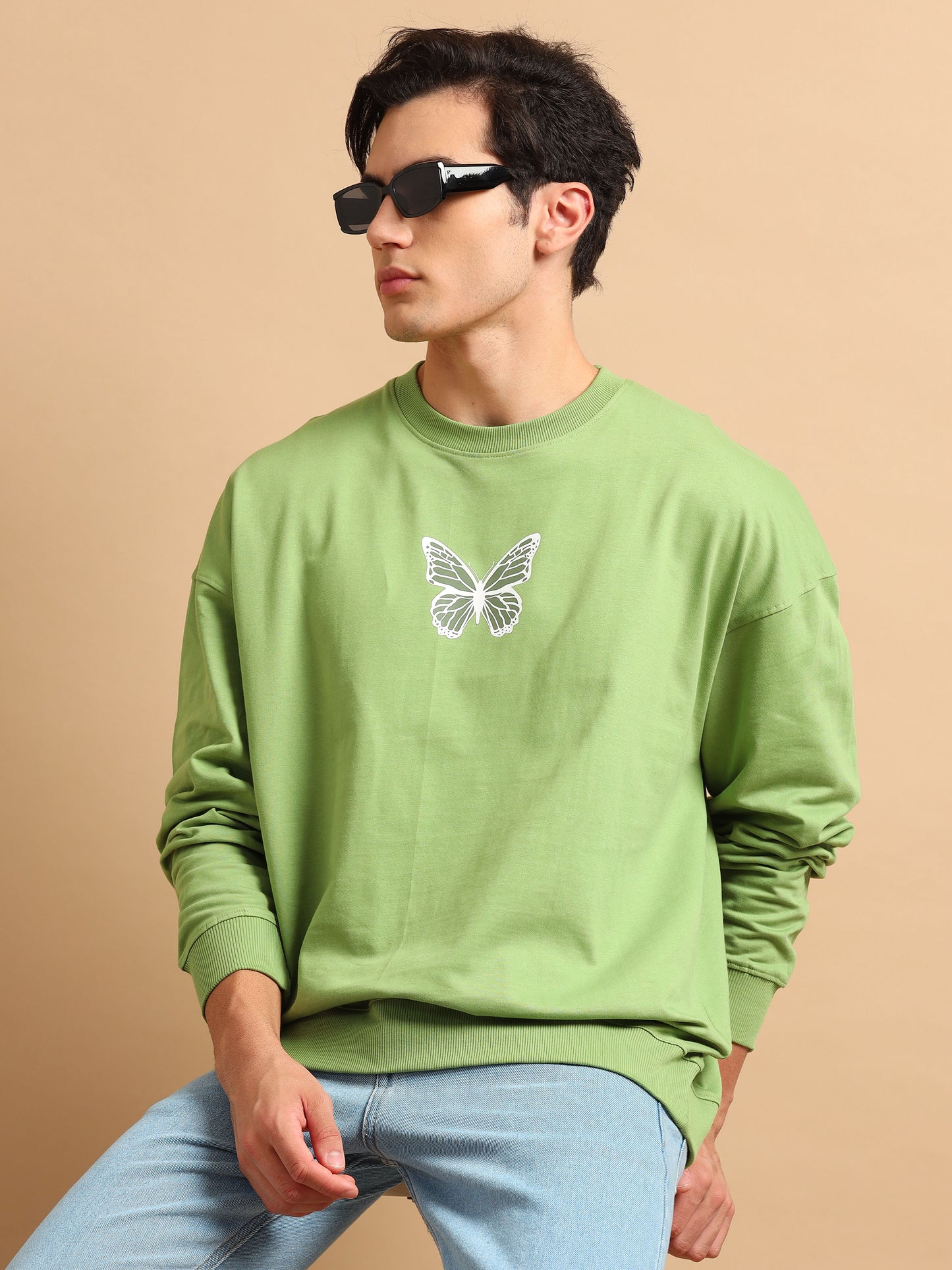 Men Printed Oversized Sweatshirt Pure Cotton Full Sleeve Green