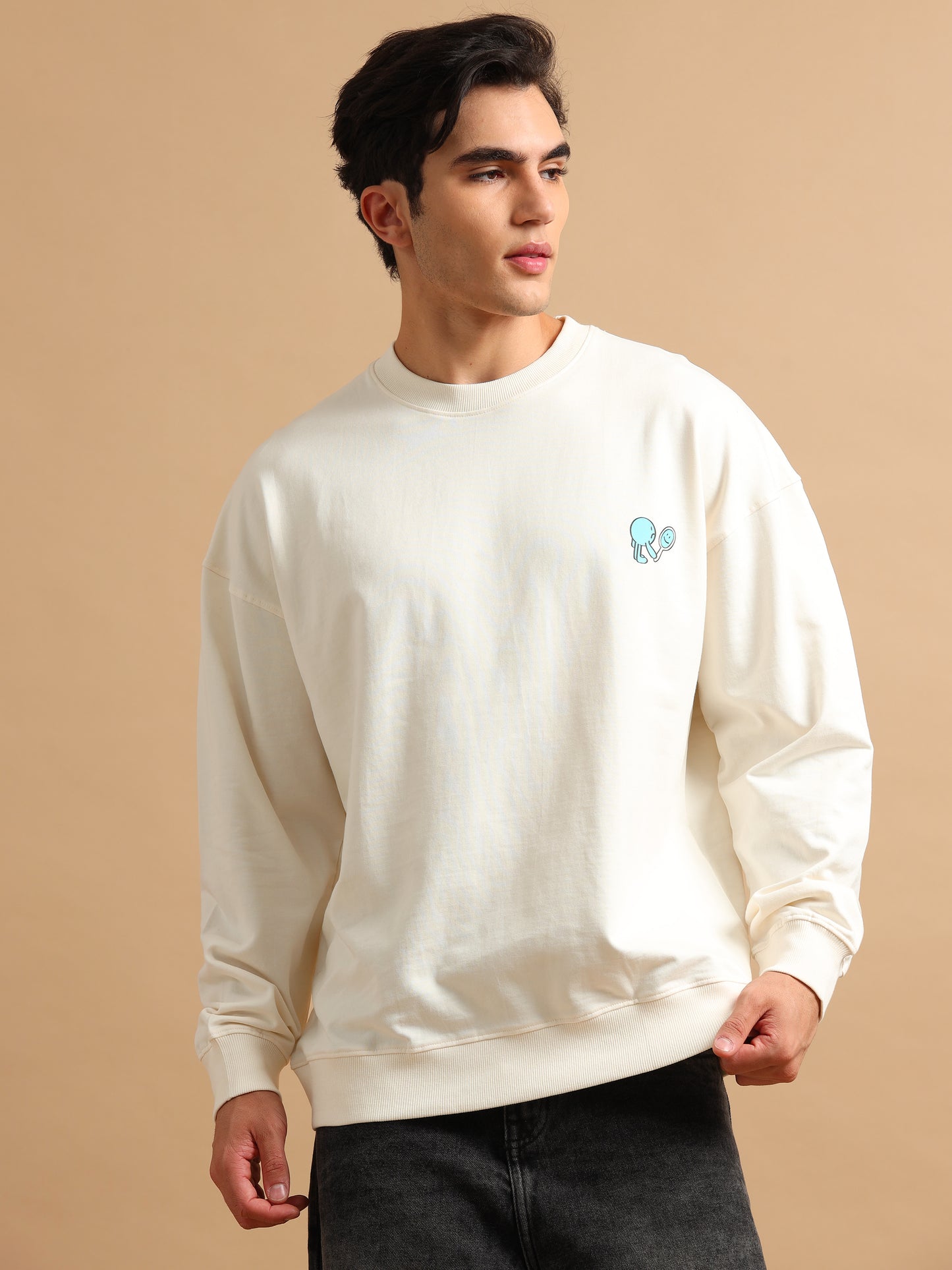 Men Printed Oversized Sweatshirt Pure Cotton Full Sleeve Off White