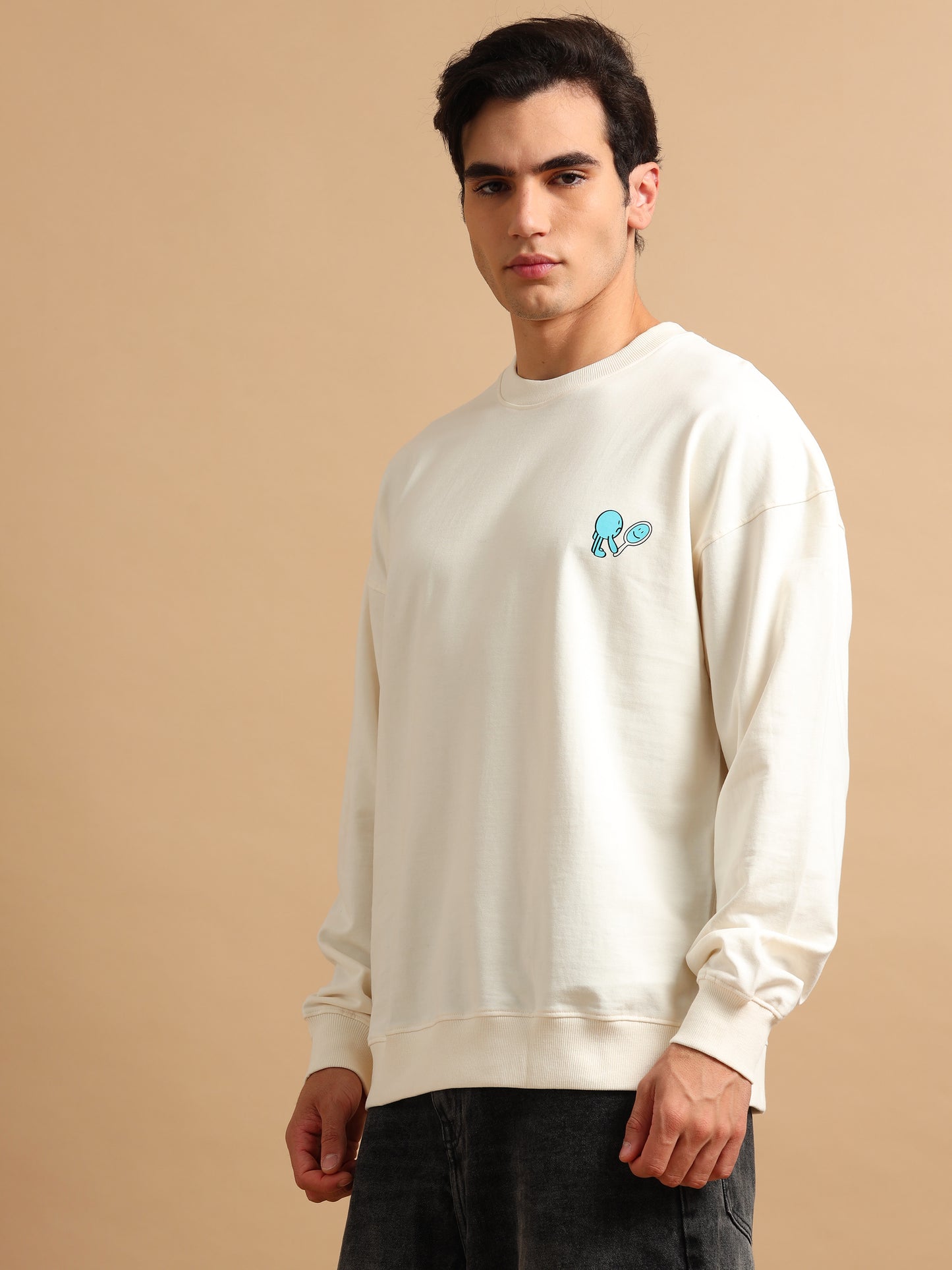 Men Printed Oversized Sweatshirt Pure Cotton Full Sleeve Off White