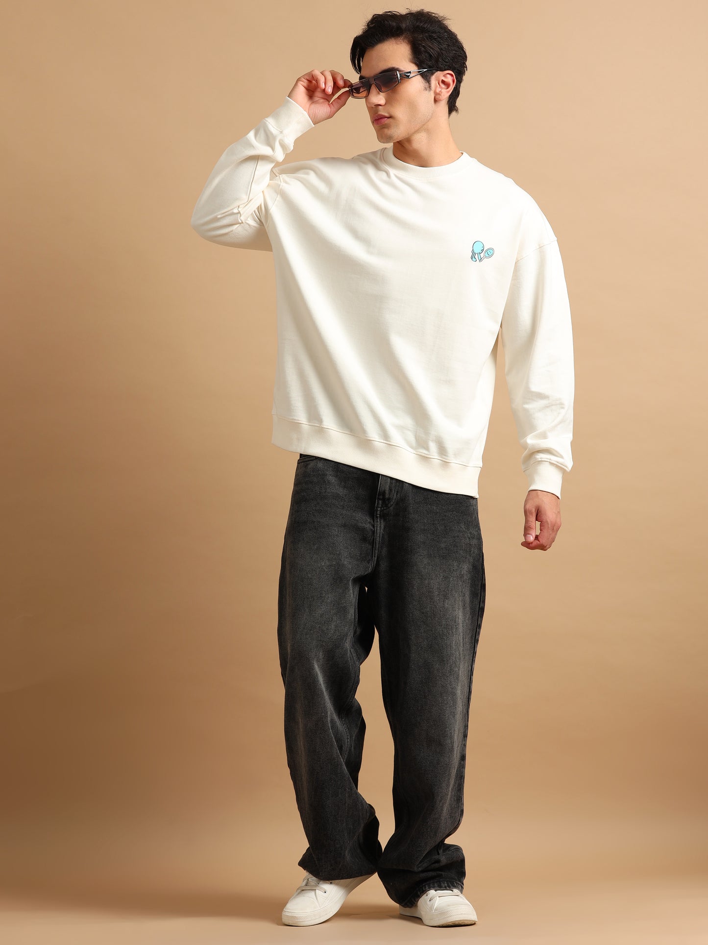 Men Printed Oversized Sweatshirt Pure Cotton Full Sleeve Off White