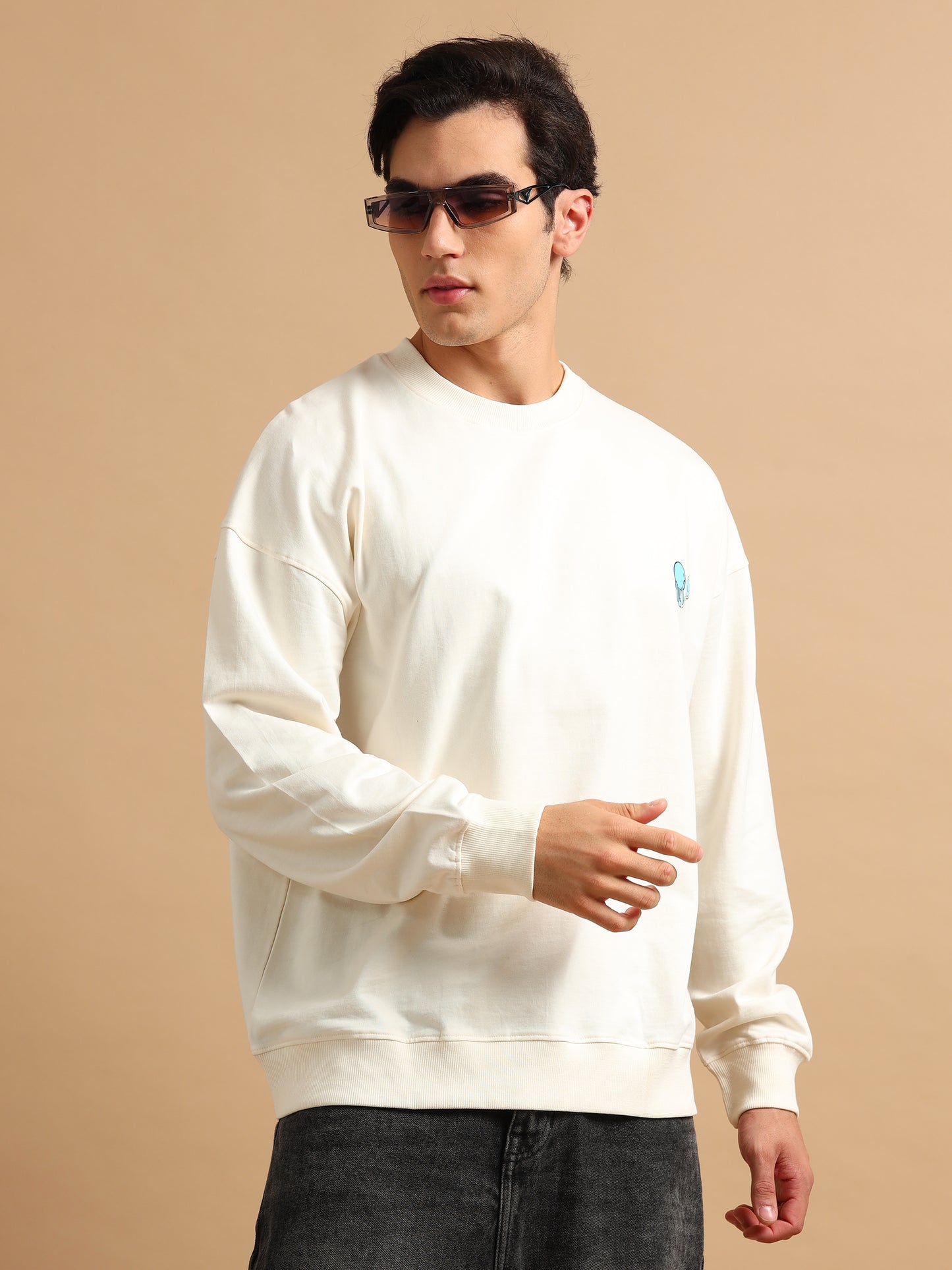 Men Printed Oversized Sweatshirt Pure Cotton Full Sleeve Off White