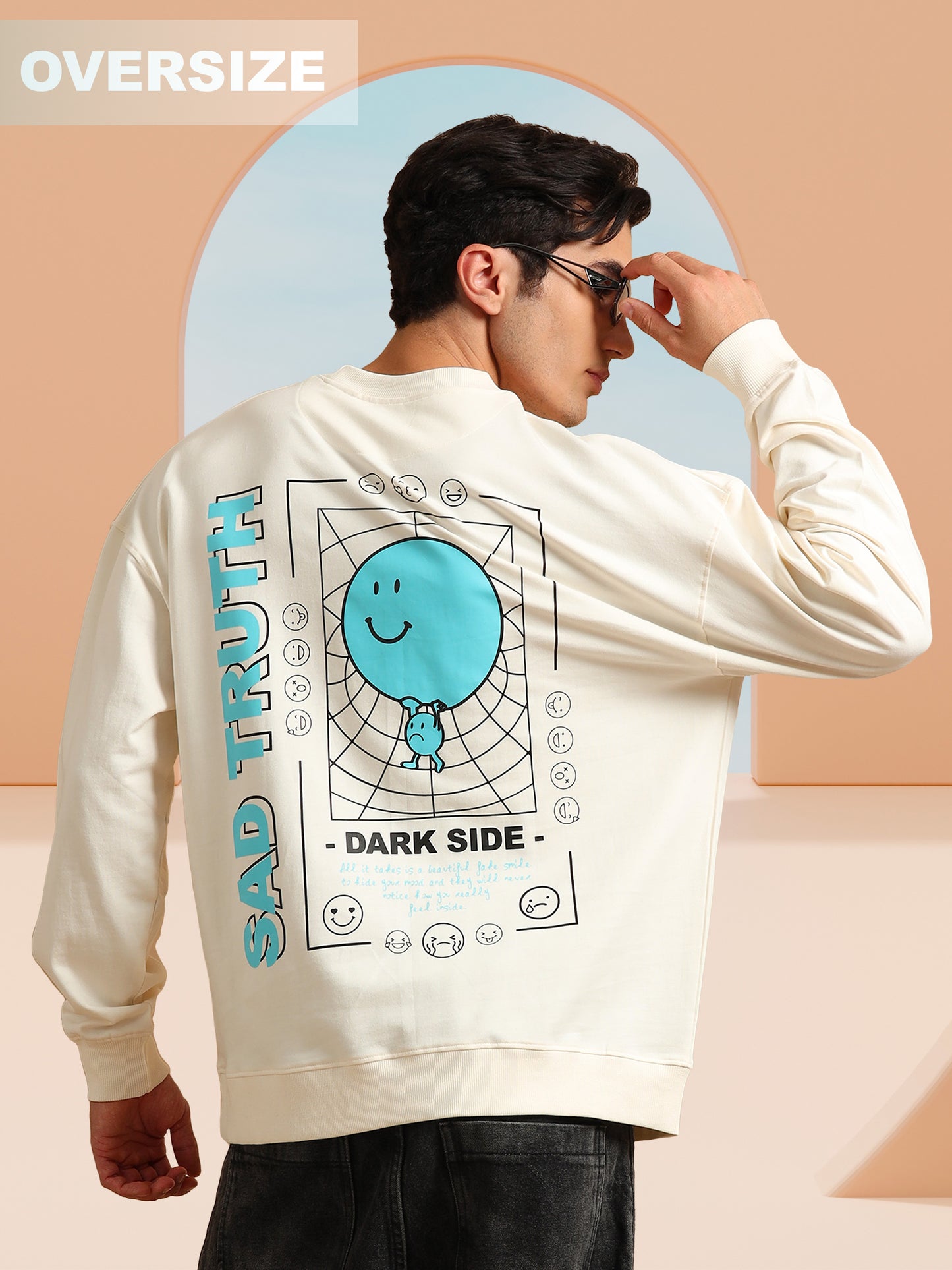 Men Printed Oversized Sweatshirt Pure Cotton Full Sleeve Off White