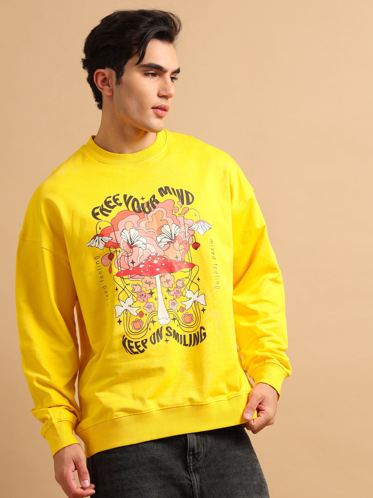 Men Printed Oversized Sweatshirt Pure Cotton Full Sleeve Yellow