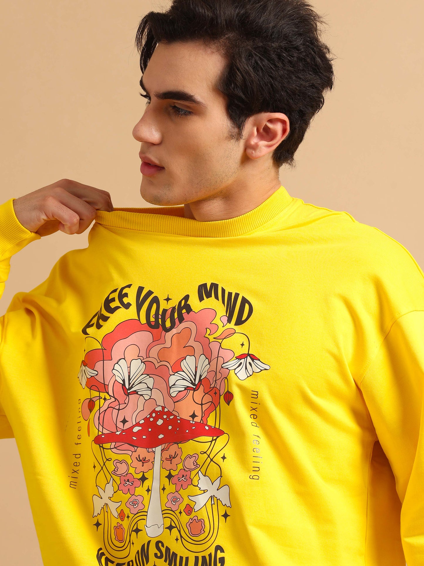 Men Printed Oversized Sweatshirt Pure Cotton Full Sleeve Yellow