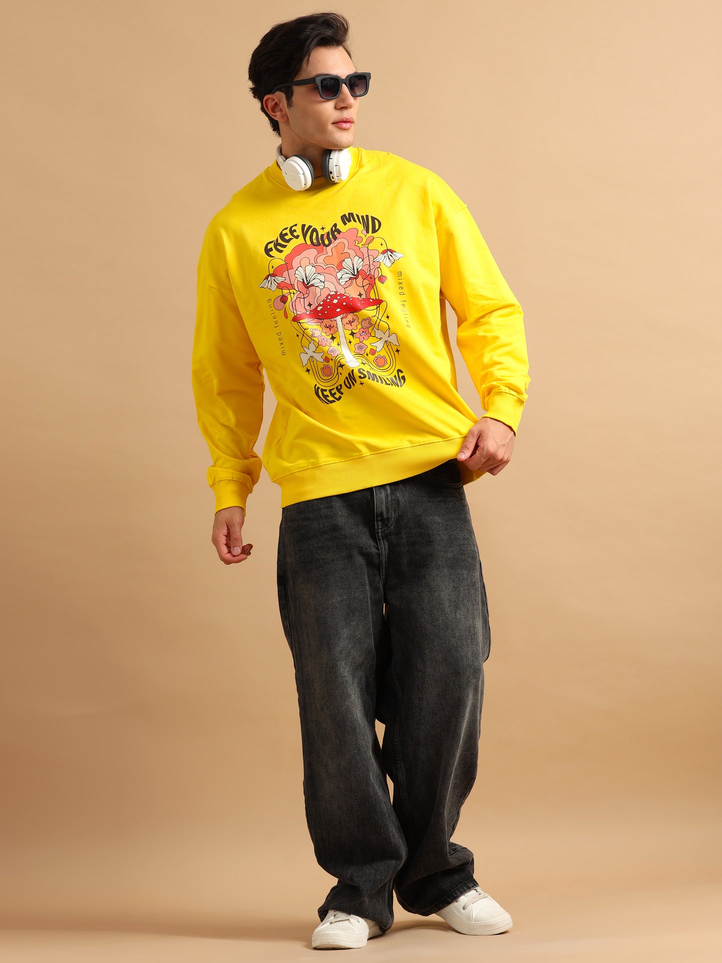 Men Printed Oversized Sweatshirt Pure Cotton Full Sleeve Yellow