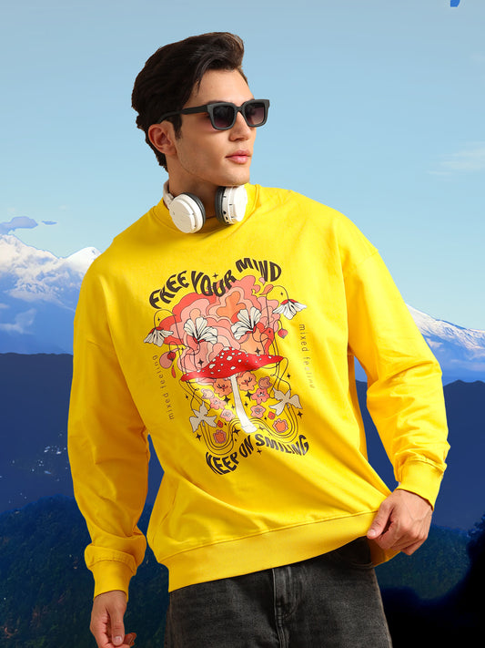 Men Printed Oversized Sweatshirt Pure Cotton Full Sleeve Yellow