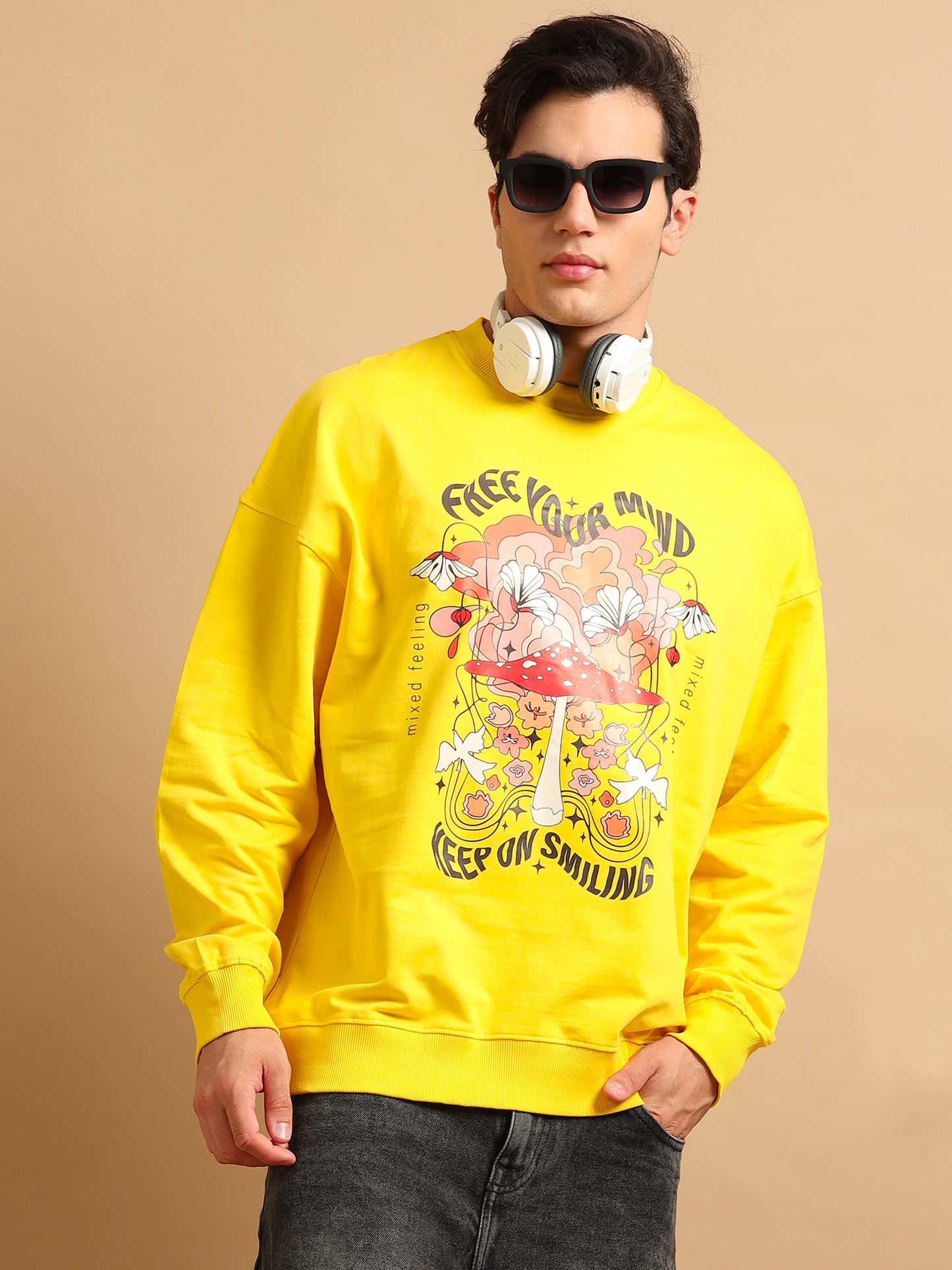 Men Printed Oversized Sweatshirt Pure Cotton Full Sleeve Yellow