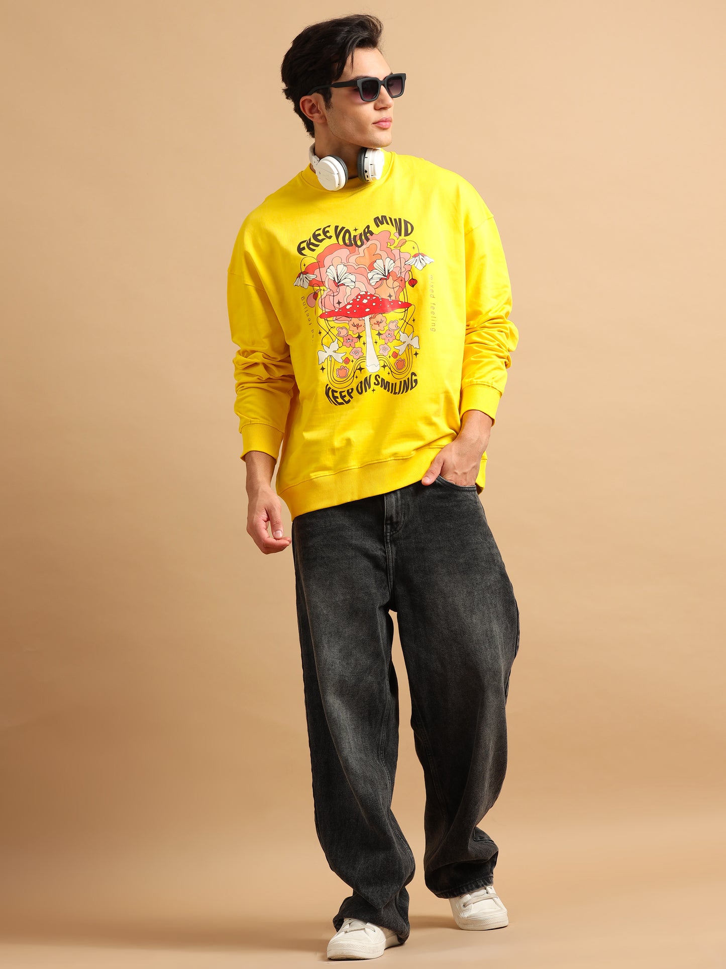 Men Printed Oversized Sweatshirt Pure Cotton Full Sleeve Yellow