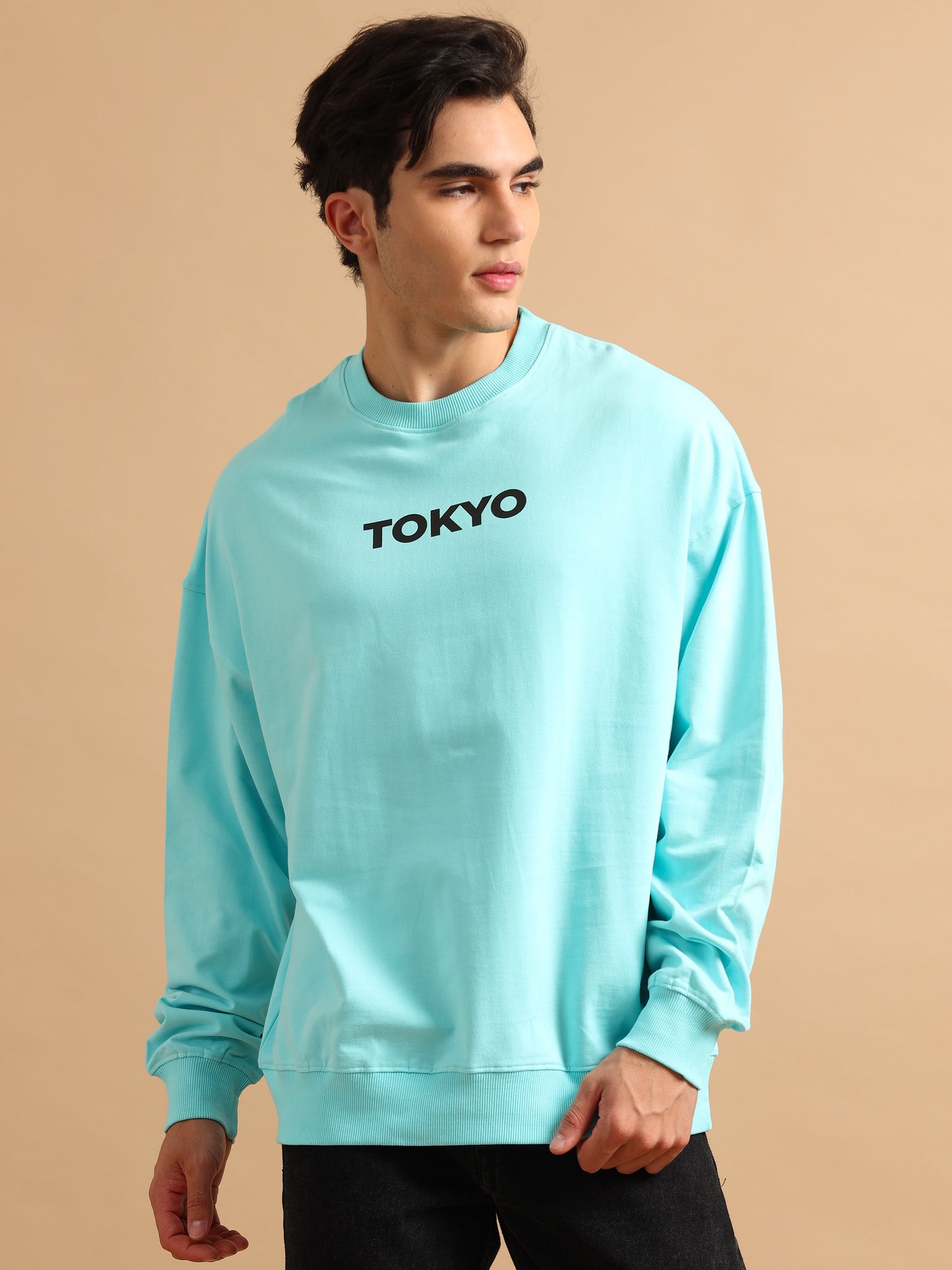 Men Tokyo Printed Oversized Sweatshirt Pure Cotton Aqua