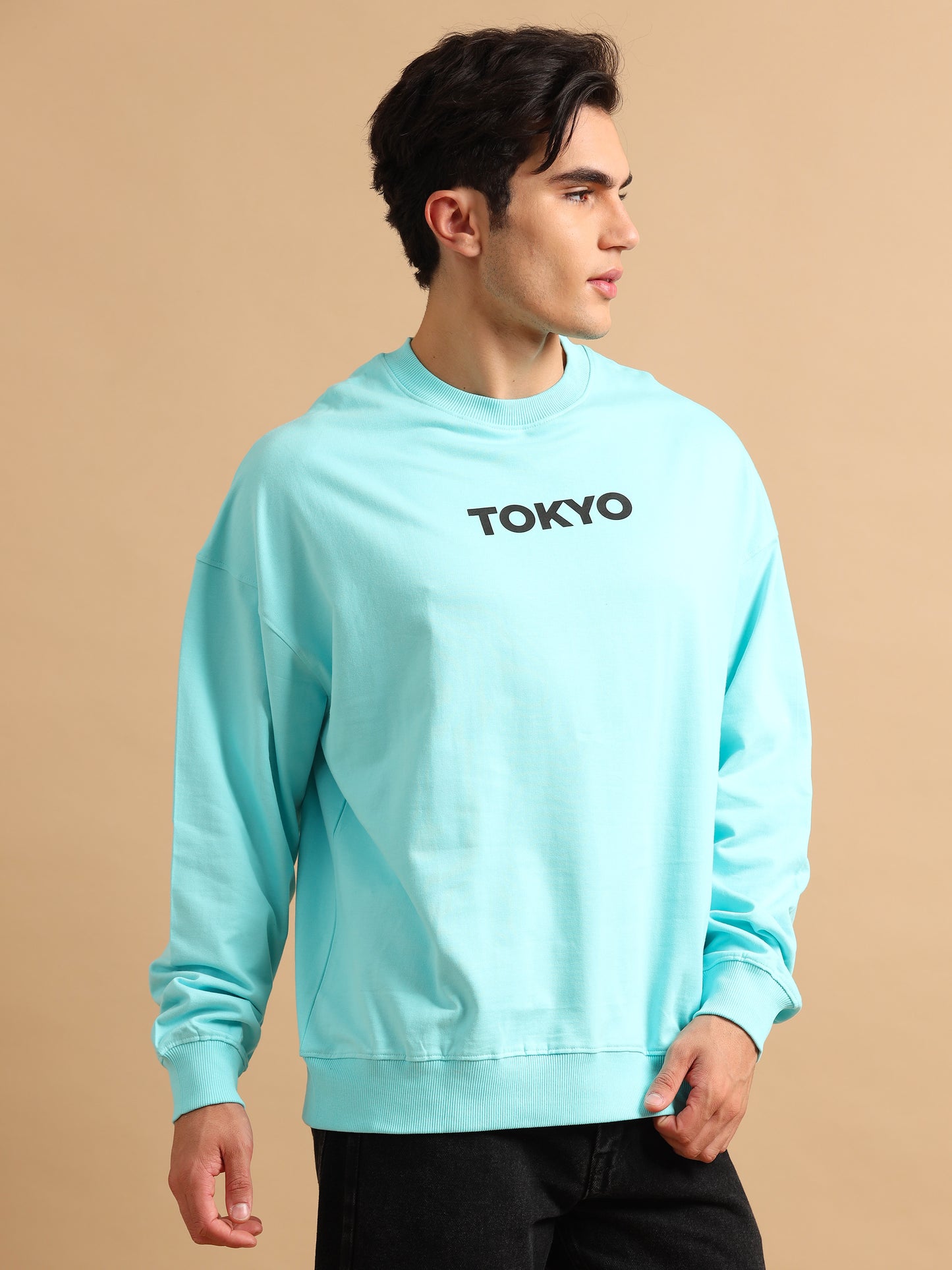 Men Tokyo Printed Oversized Sweatshirt Pure Cotton Aqua