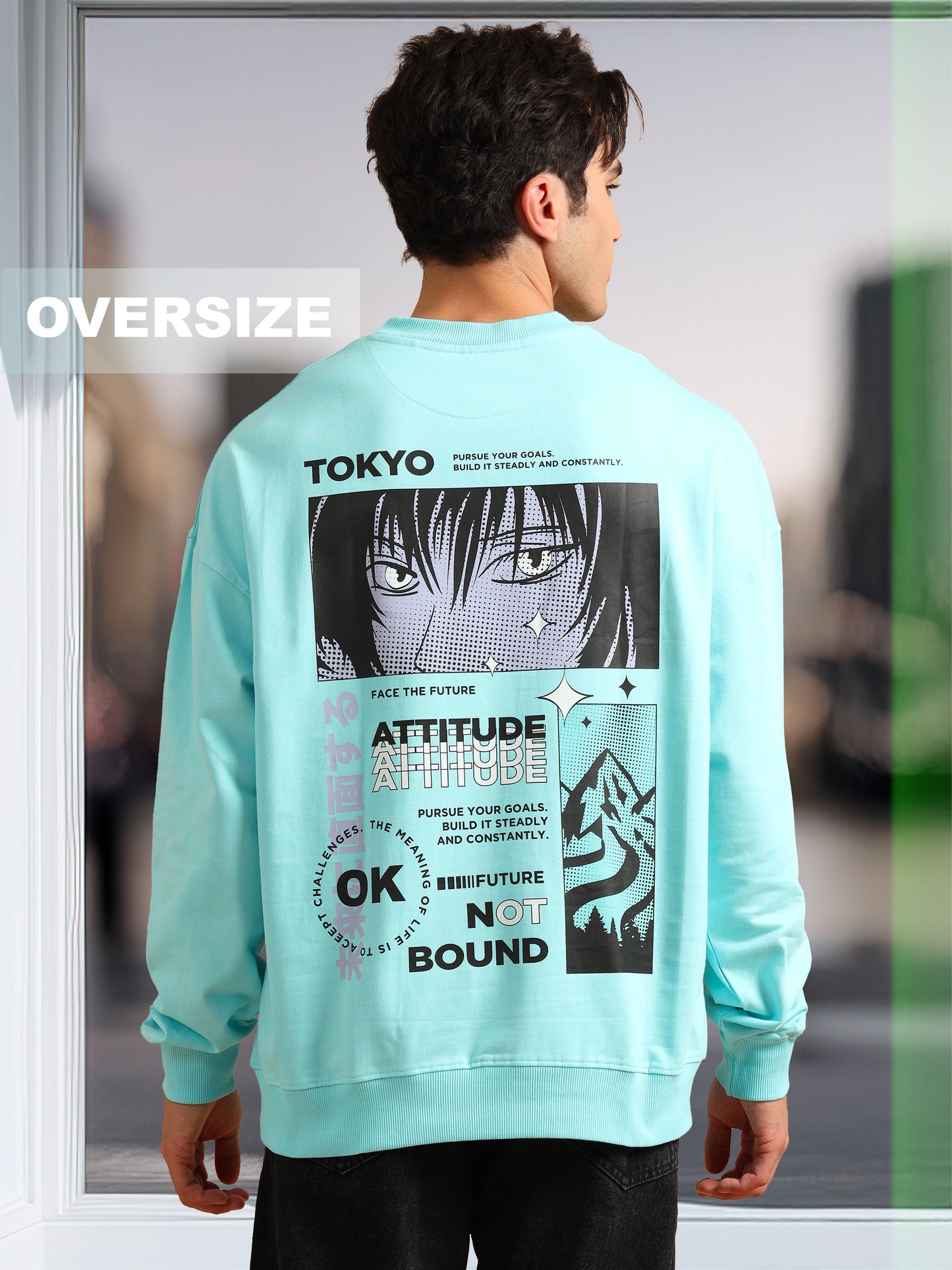 Men Tokyo Printed Oversized Sweatshirt Pure Cotton Aqua