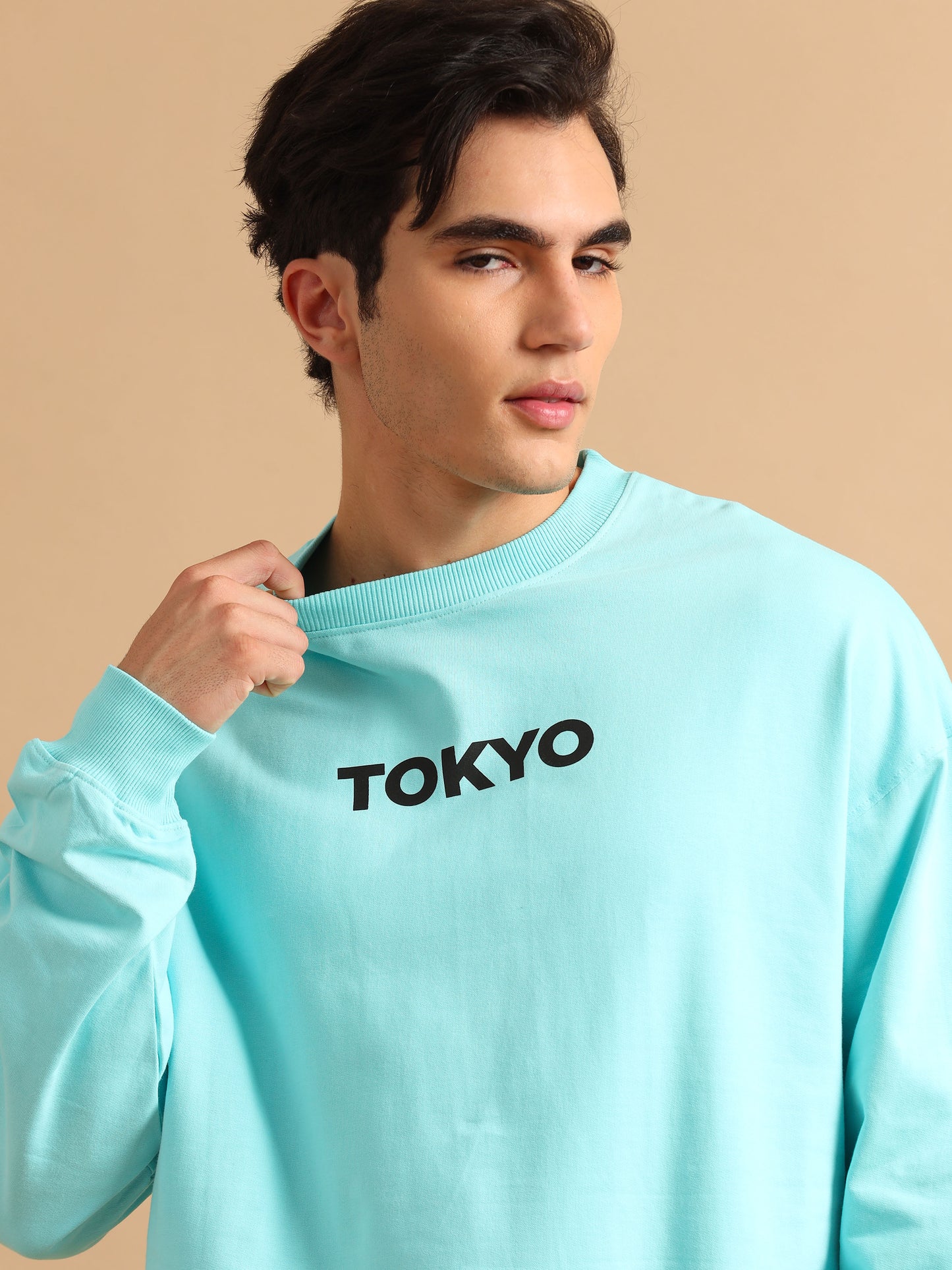 Men Tokyo Printed Oversized Sweatshirt Pure Cotton Aqua