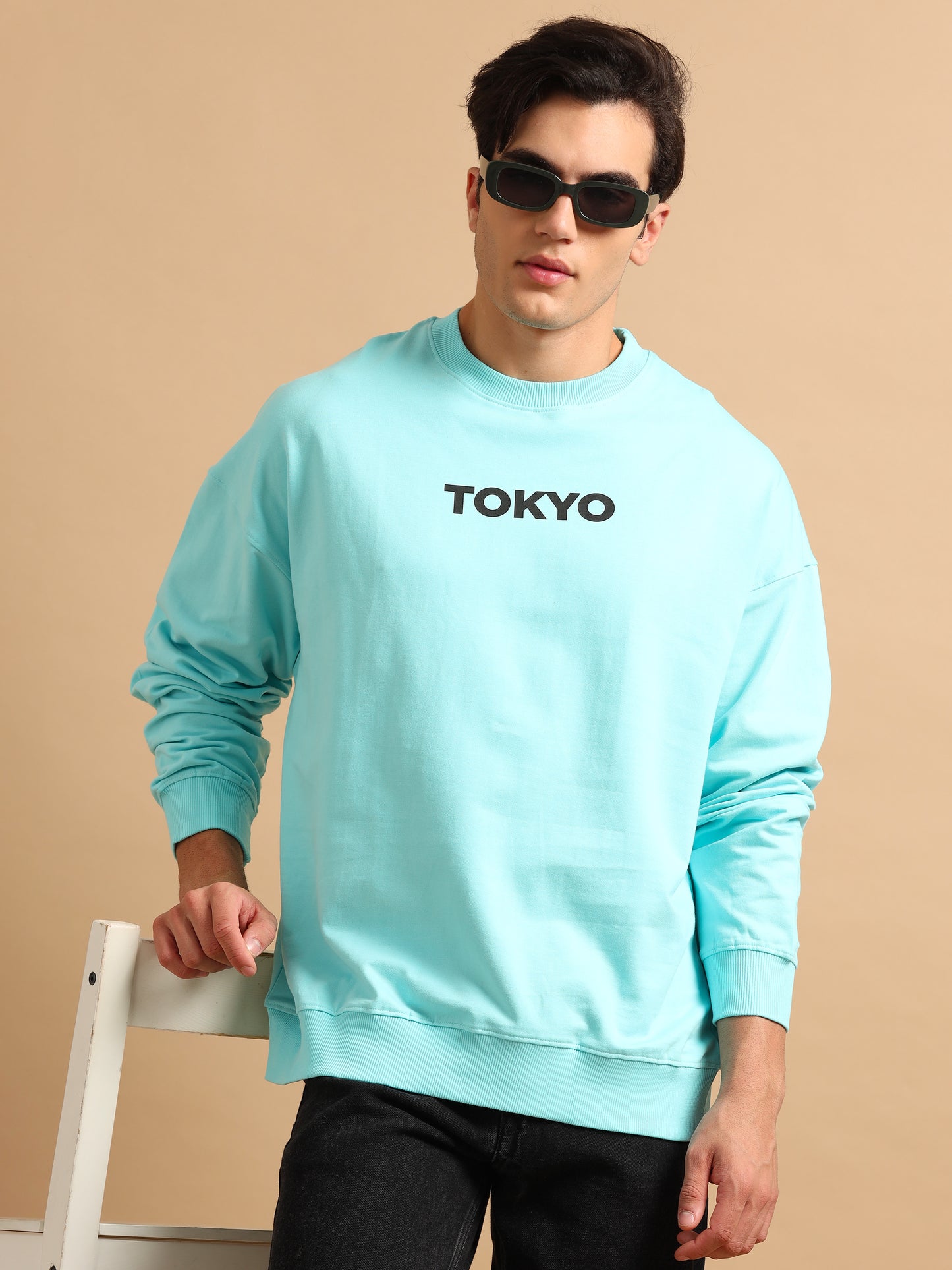 Men Tokyo Printed Oversized Sweatshirt Pure Cotton Aqua