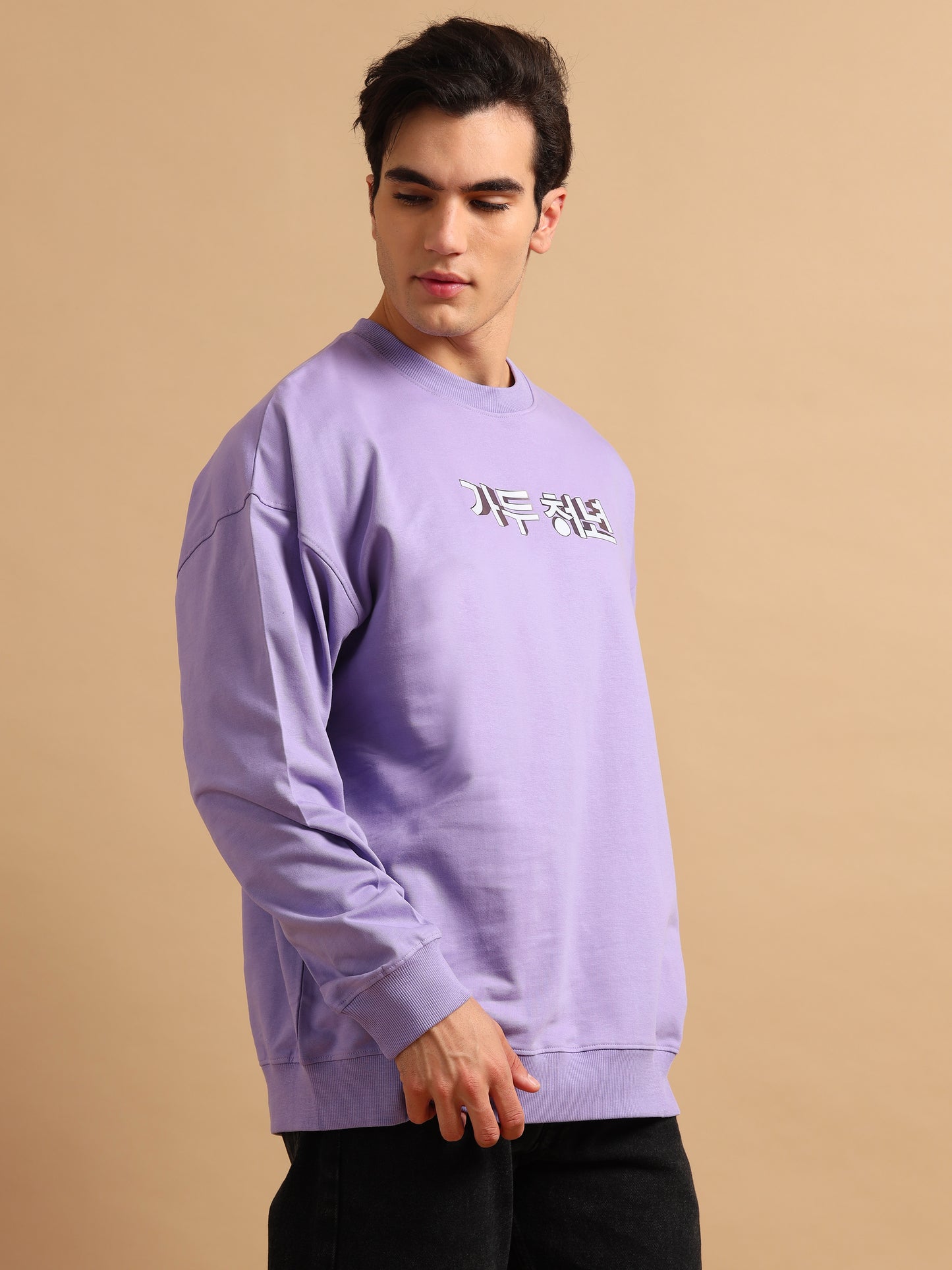 Men Printed Oversized Sweatshirt Pure Cotton Full Sleeve Lavender