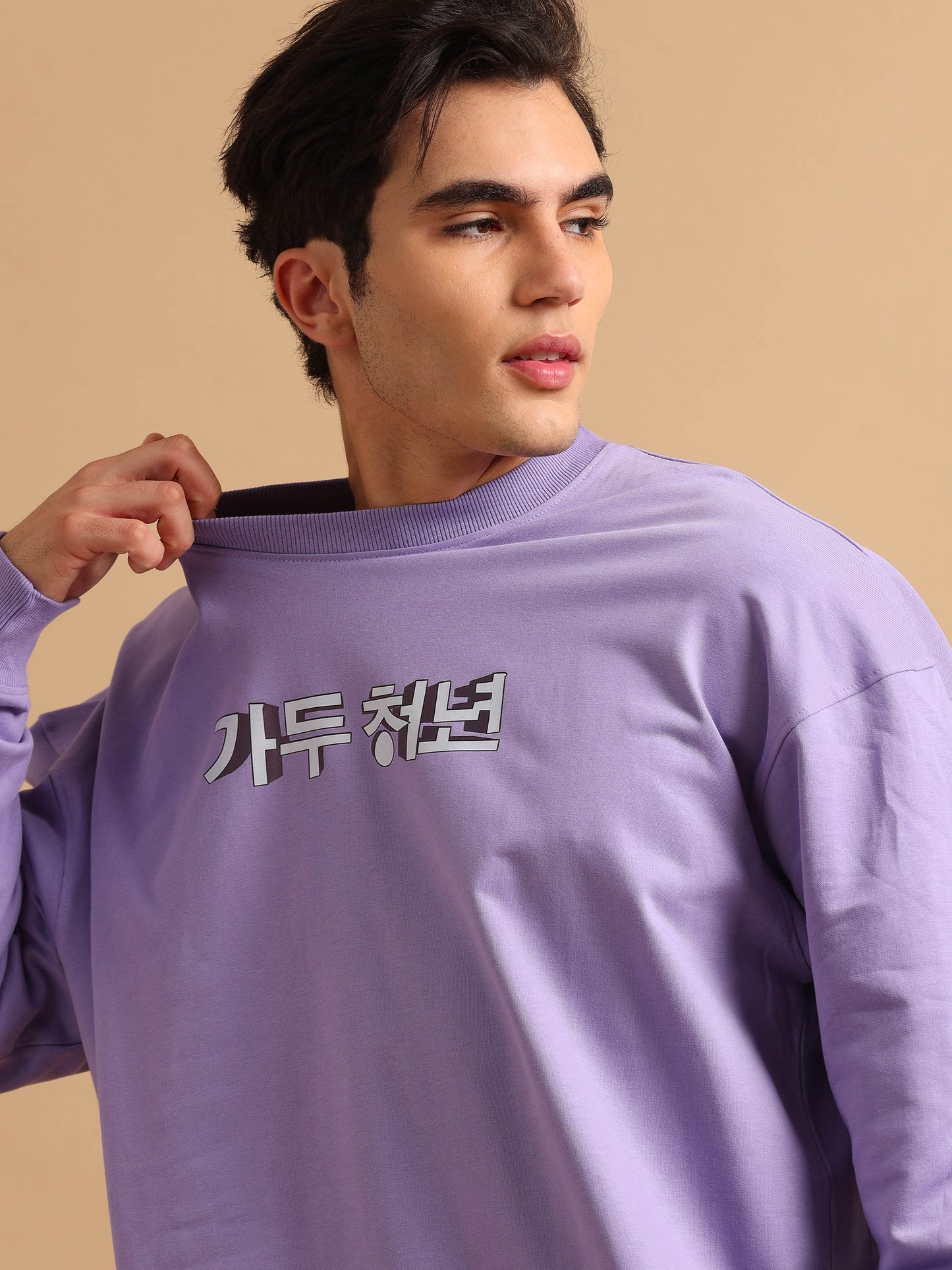 Men Printed Oversized Sweatshirt Pure Cotton Full Sleeve Lavender