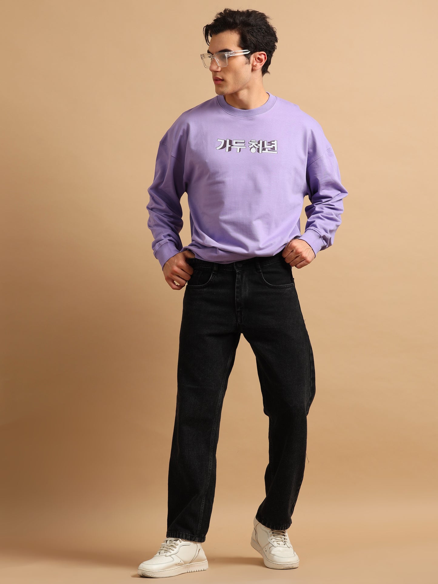 Men Printed Oversized Sweatshirt Pure Cotton Full Sleeve Lavender