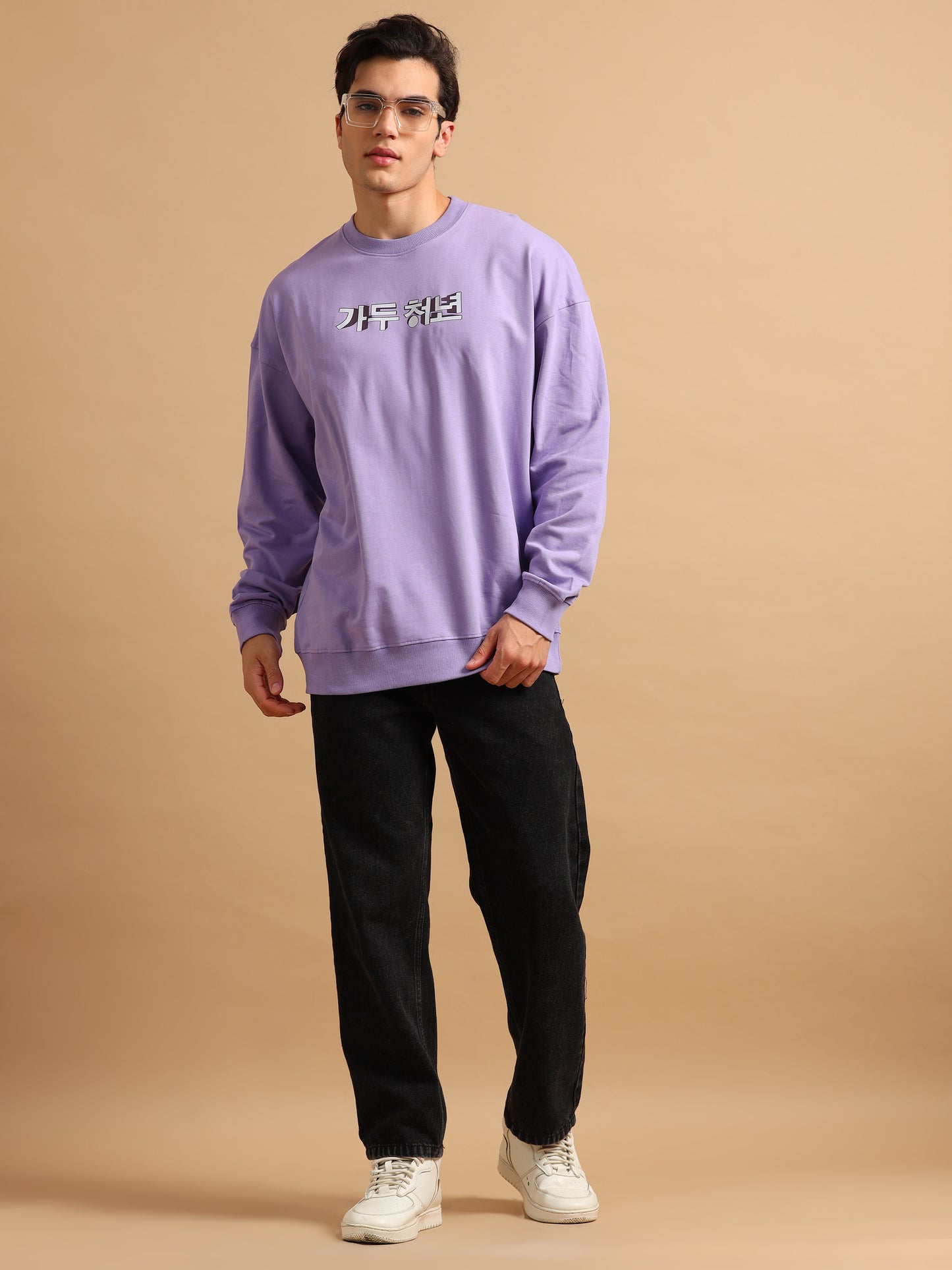 Men Printed Oversized Sweatshirt Pure Cotton Full Sleeve Lavender