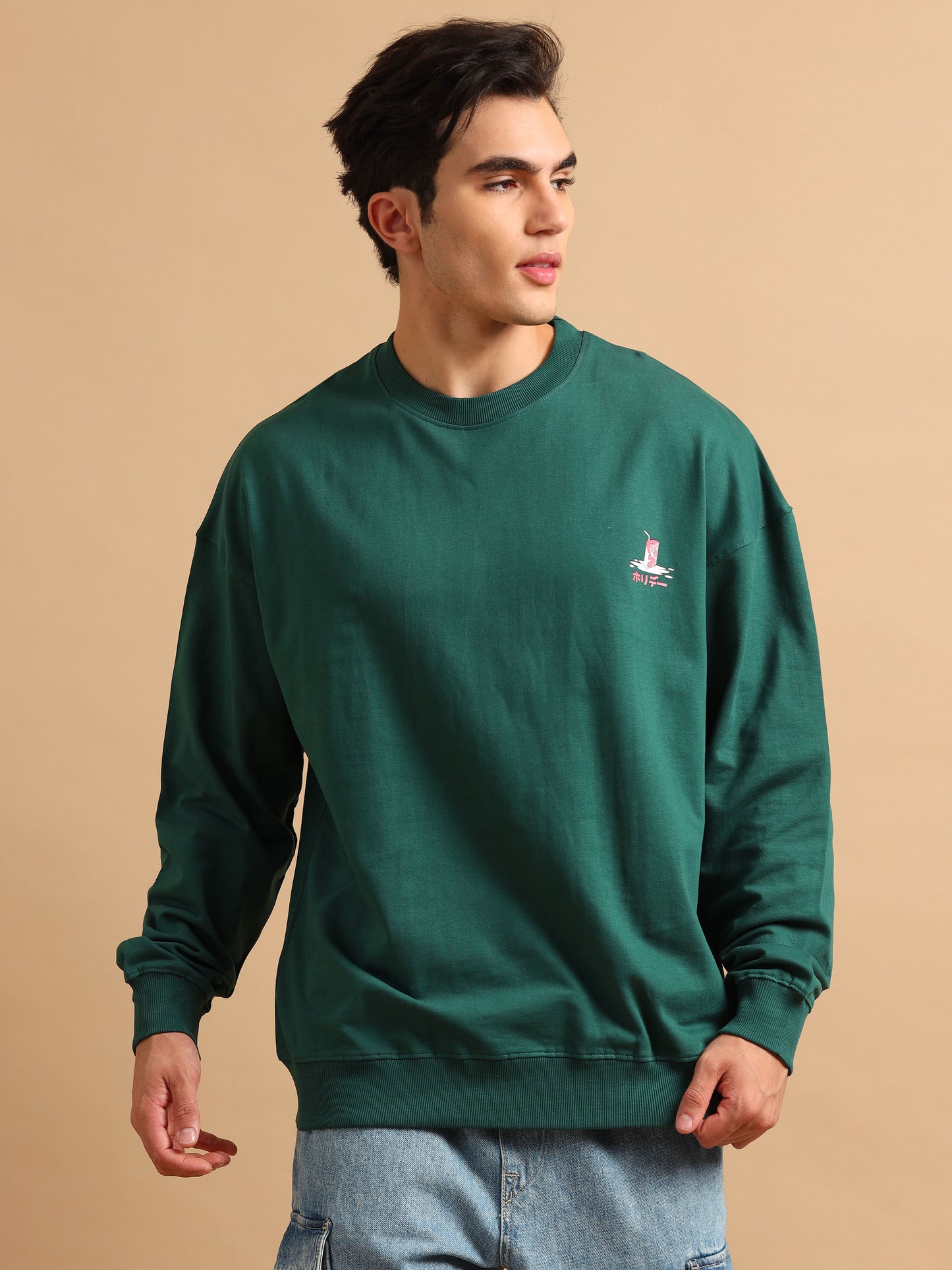 Men Printed Oversized Sweatshirt Pure Cotton Terry Fabric Full Sleeve Green