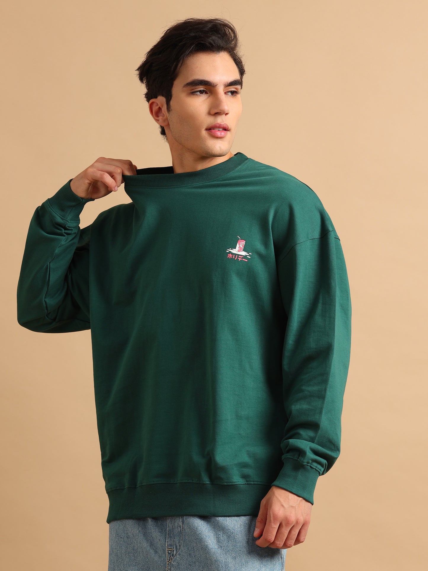 Men Printed Oversized Sweatshirt Pure Cotton Terry Fabric Full Sleeve Green