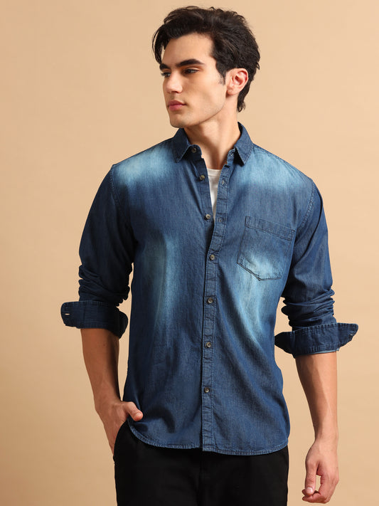 Premium Men DENIM Shirt, Regular Fit, Full Sleeve,Navy Blue