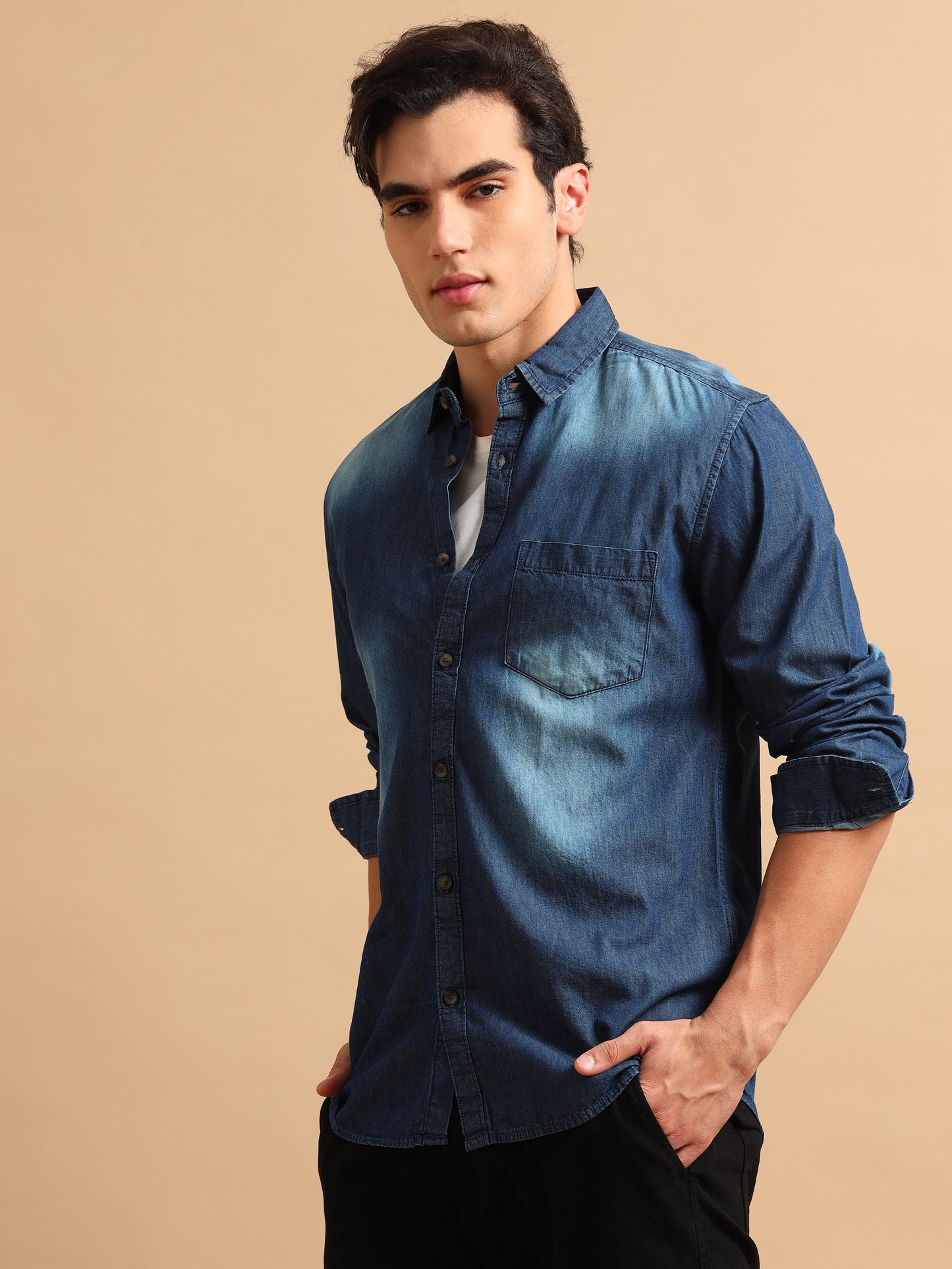 Premium Men DENIM Shirt, Regular Fit, Full Sleeve,Navy Blue