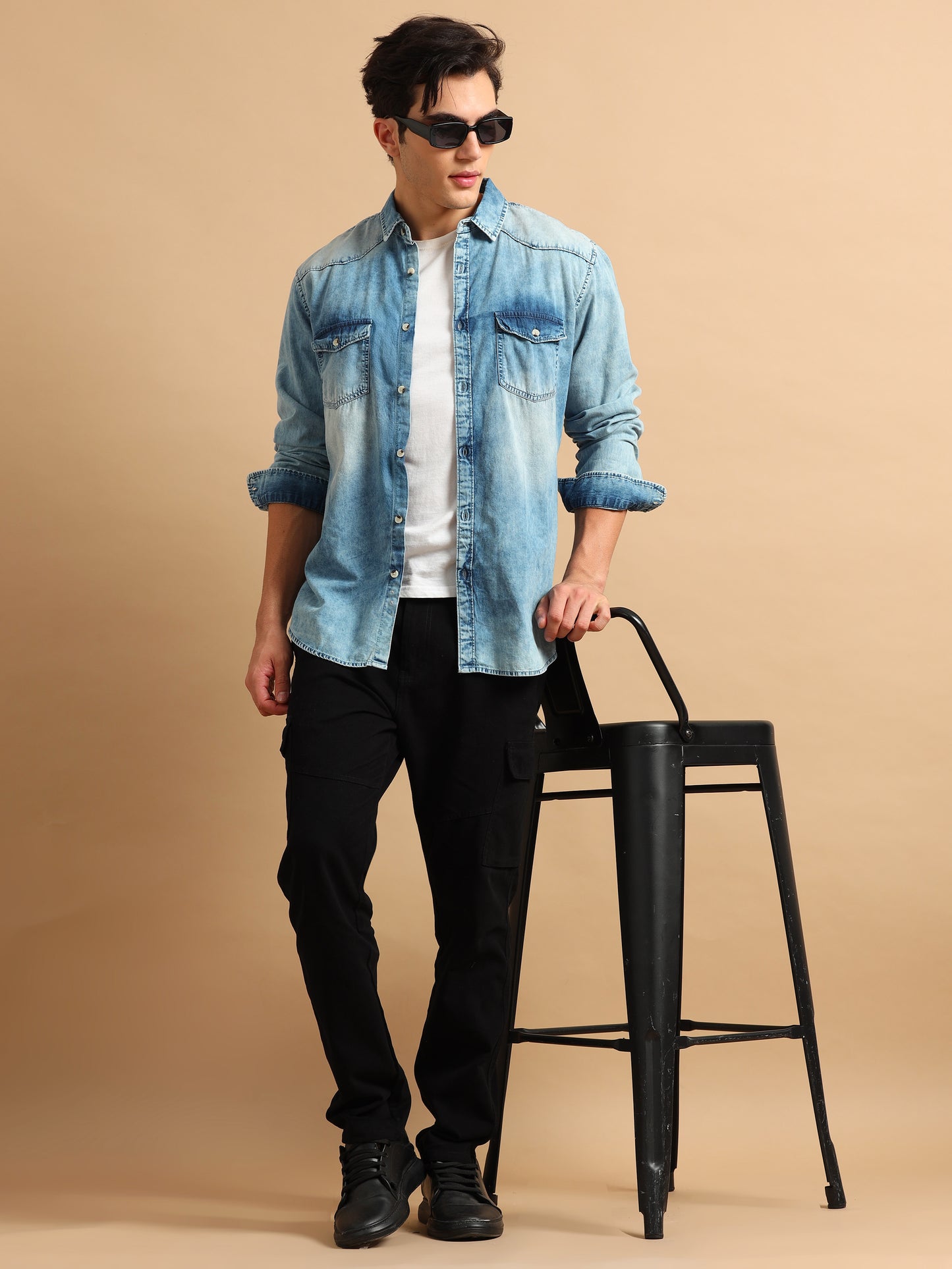 Premium Men Denim Shirt Regular Fit Full Sleeve Cotton Mid Blue