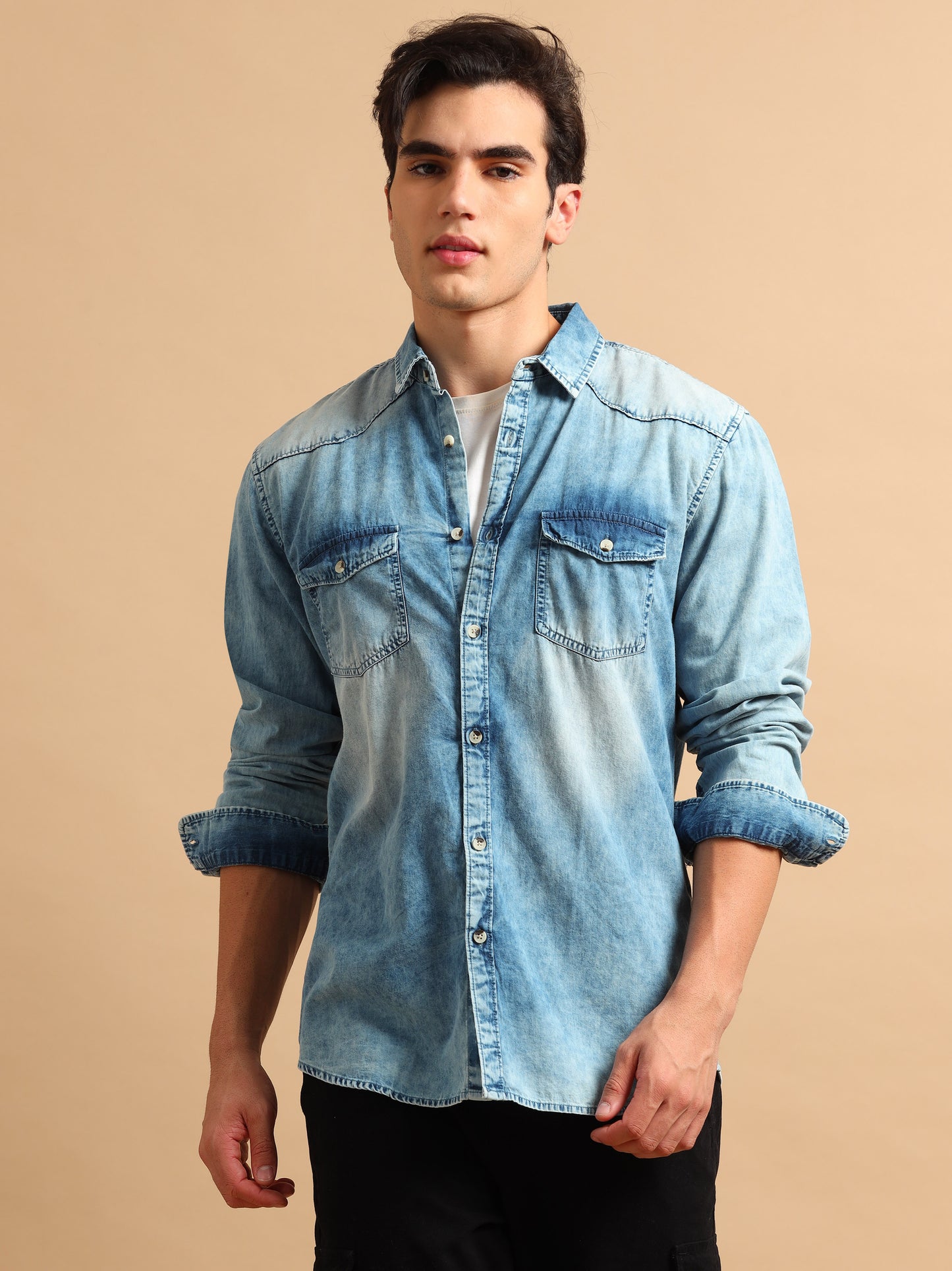 Premium Men Denim Shirt Regular Fit Full Sleeve Cotton Mid Blue