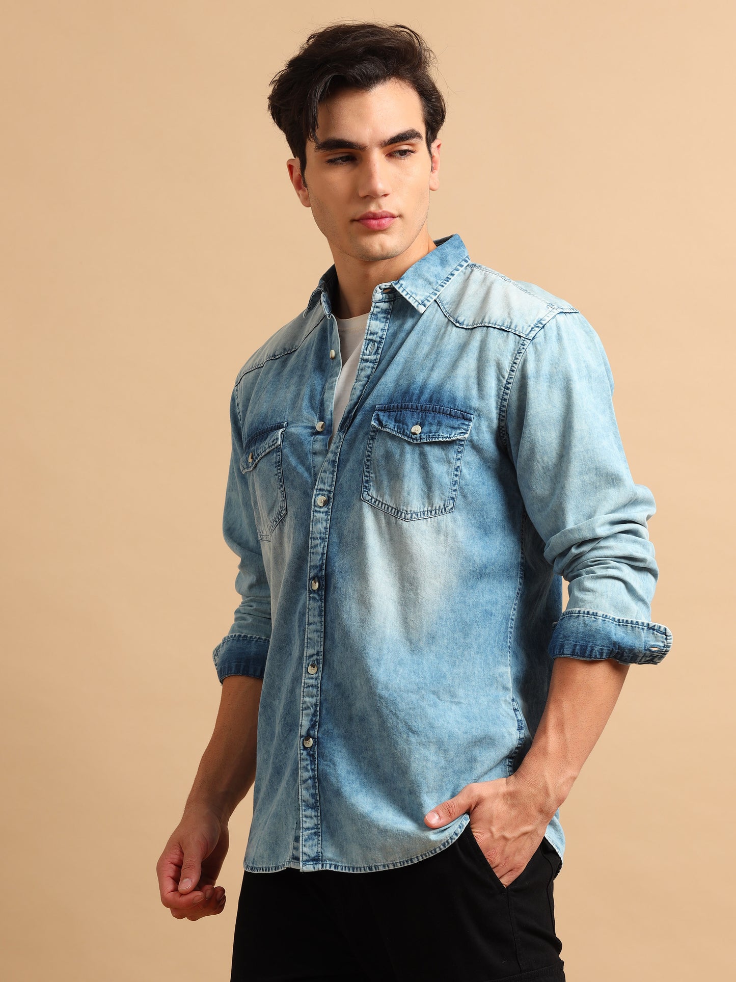 Premium Men Denim Shirt Regular Fit Full Sleeve Cotton Mid Blue