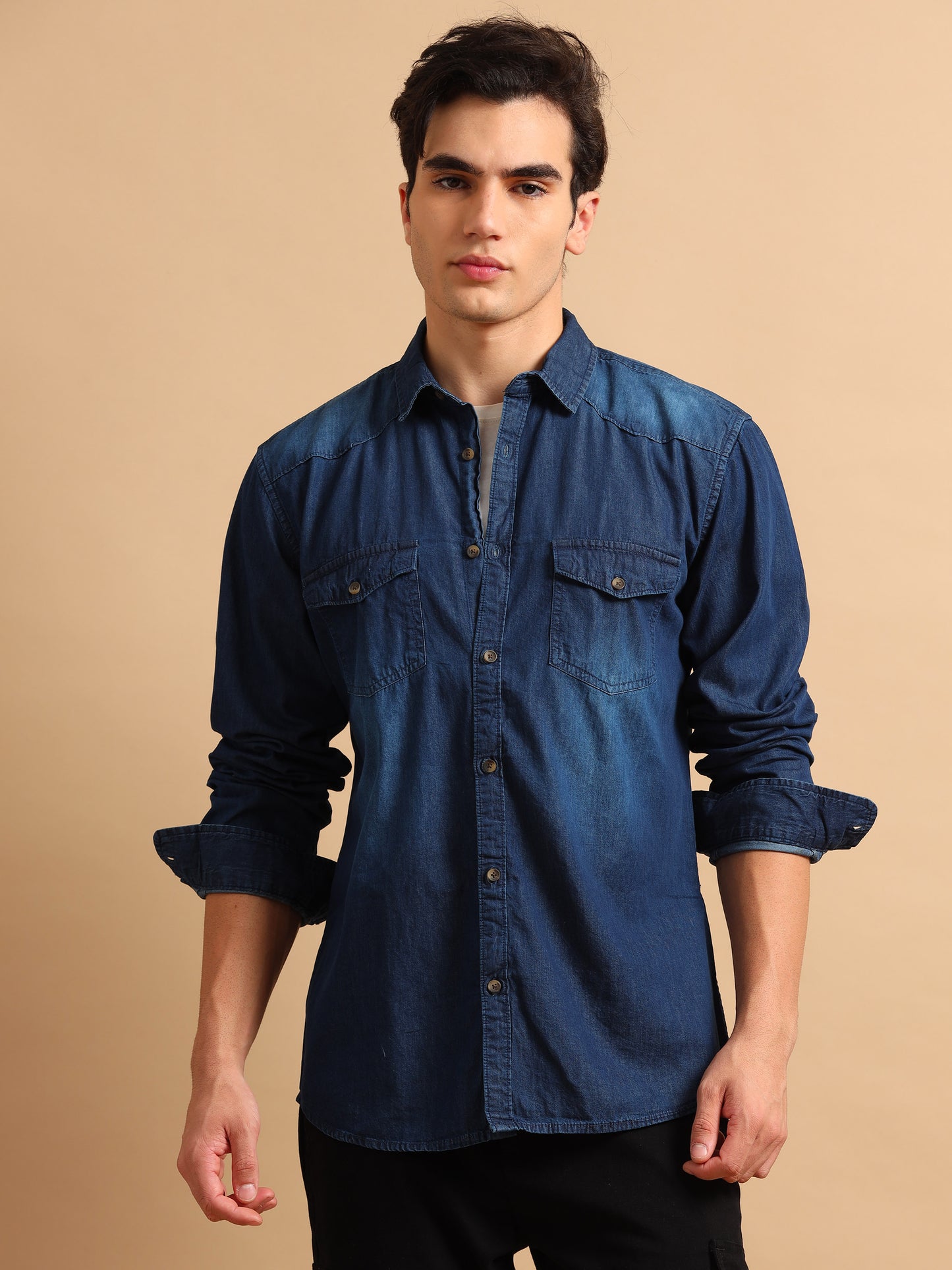 Premium Men Denim Shirt Regular Fit Full Sleeve Cotton Navy Blue