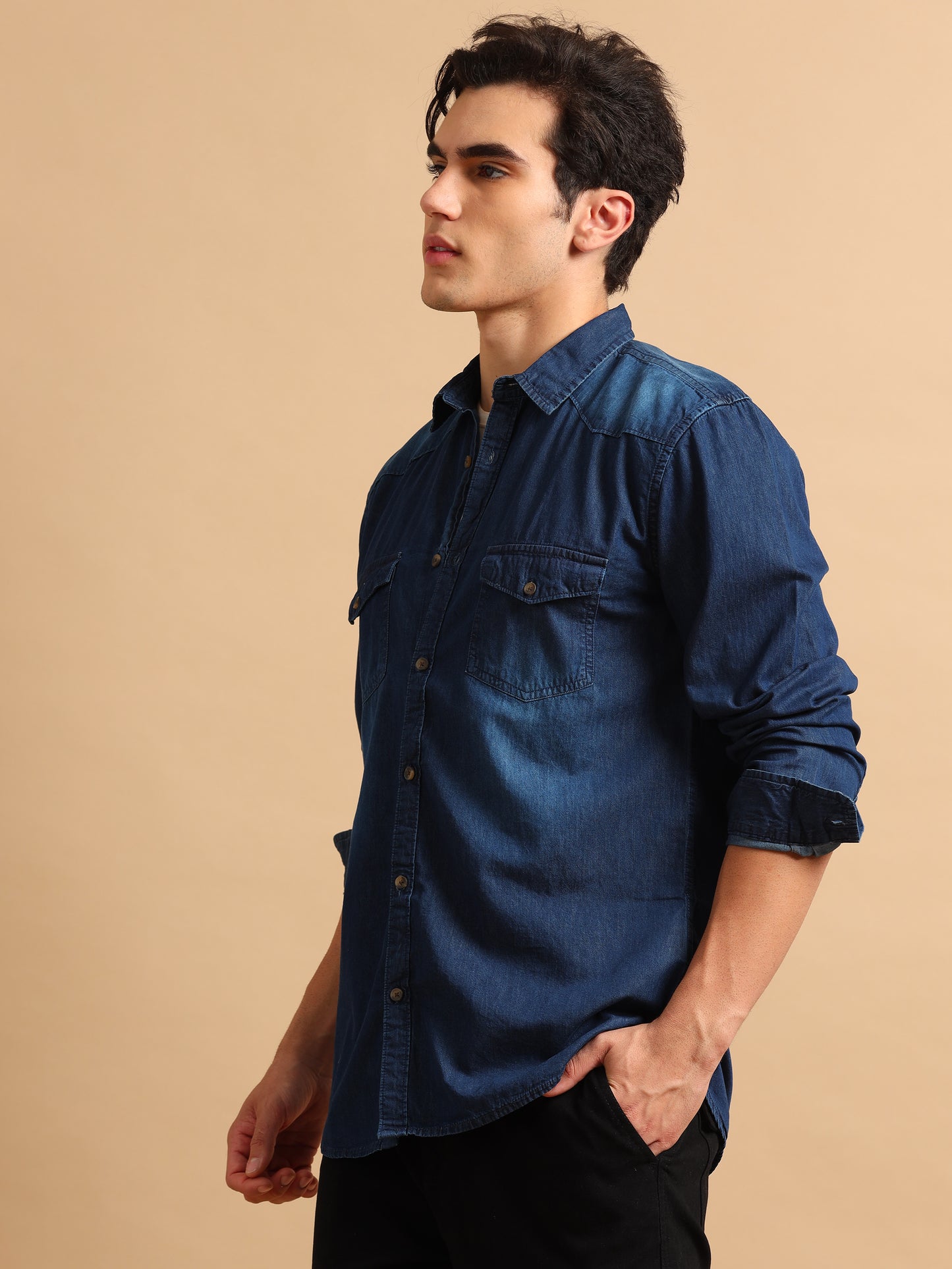 Premium Men Denim Shirt Regular Fit Full Sleeve Cotton Navy Blue