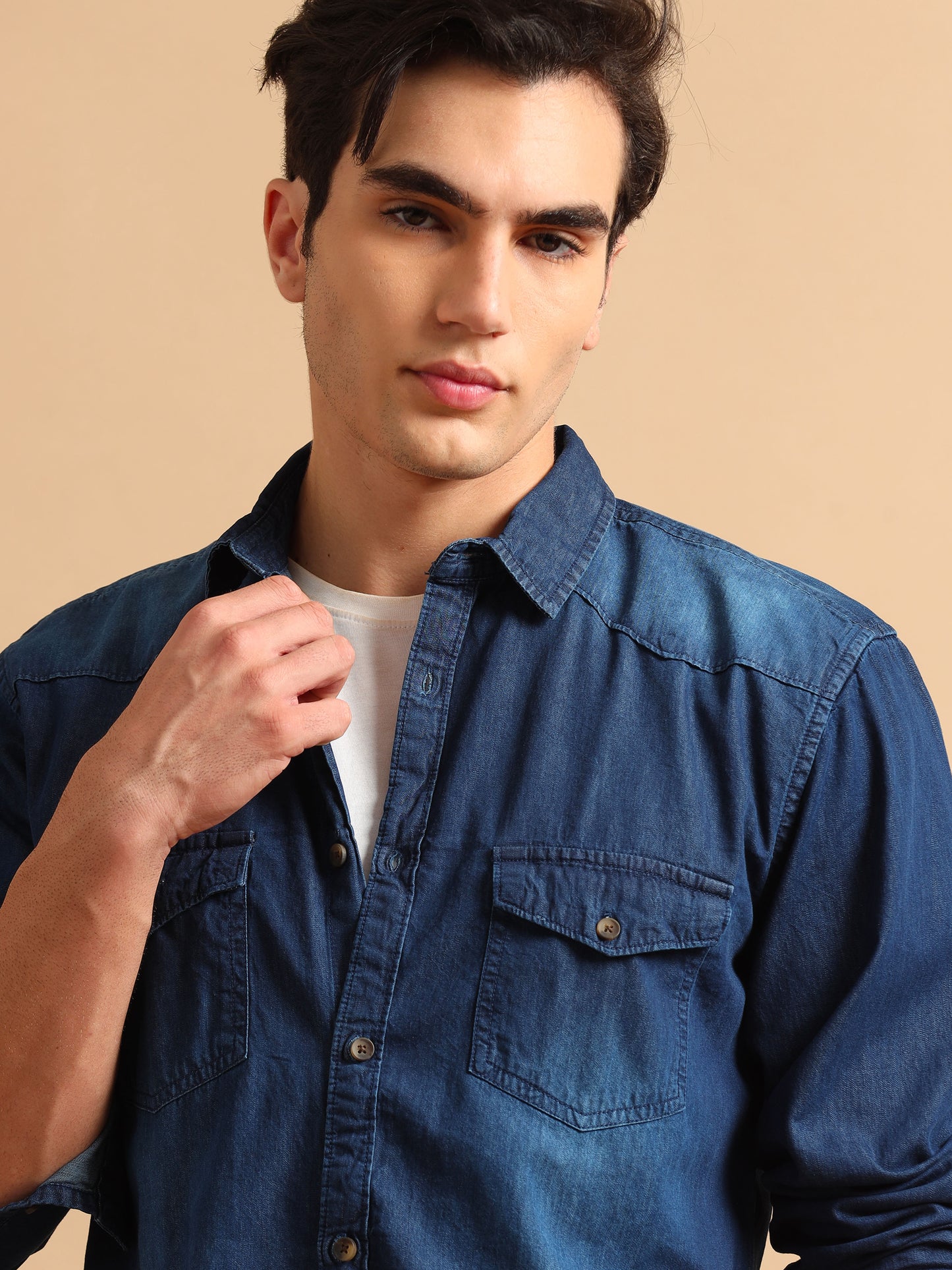 Premium Men Denim Shirt Regular Fit Full Sleeve Cotton Navy Blue