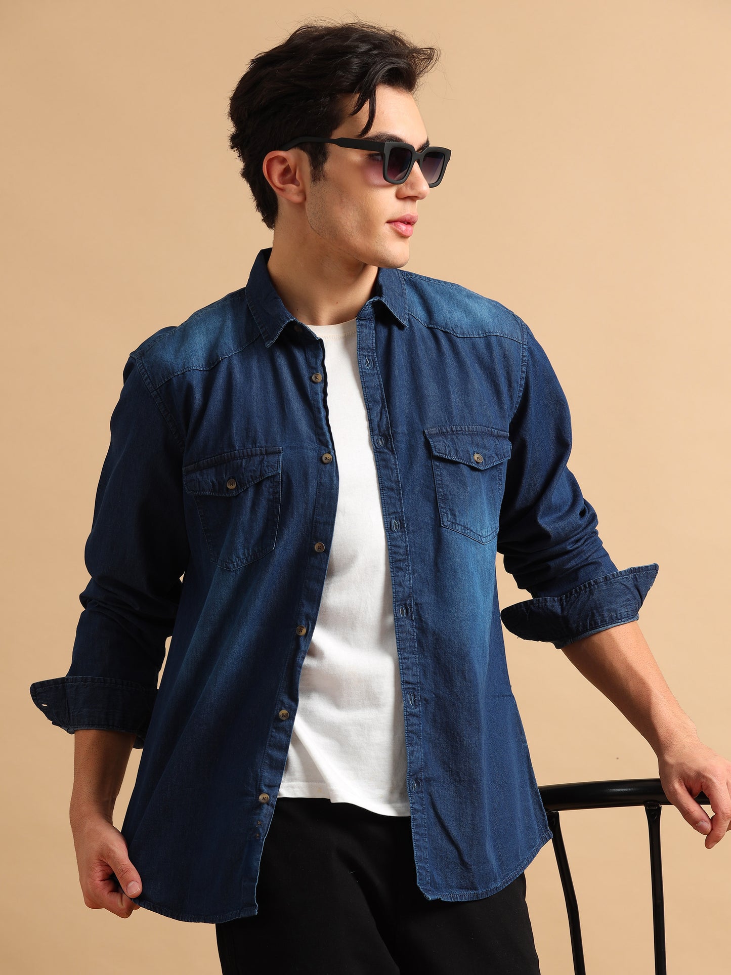 Premium Men Denim Shirt Regular Fit Full Sleeve Cotton Navy Blue