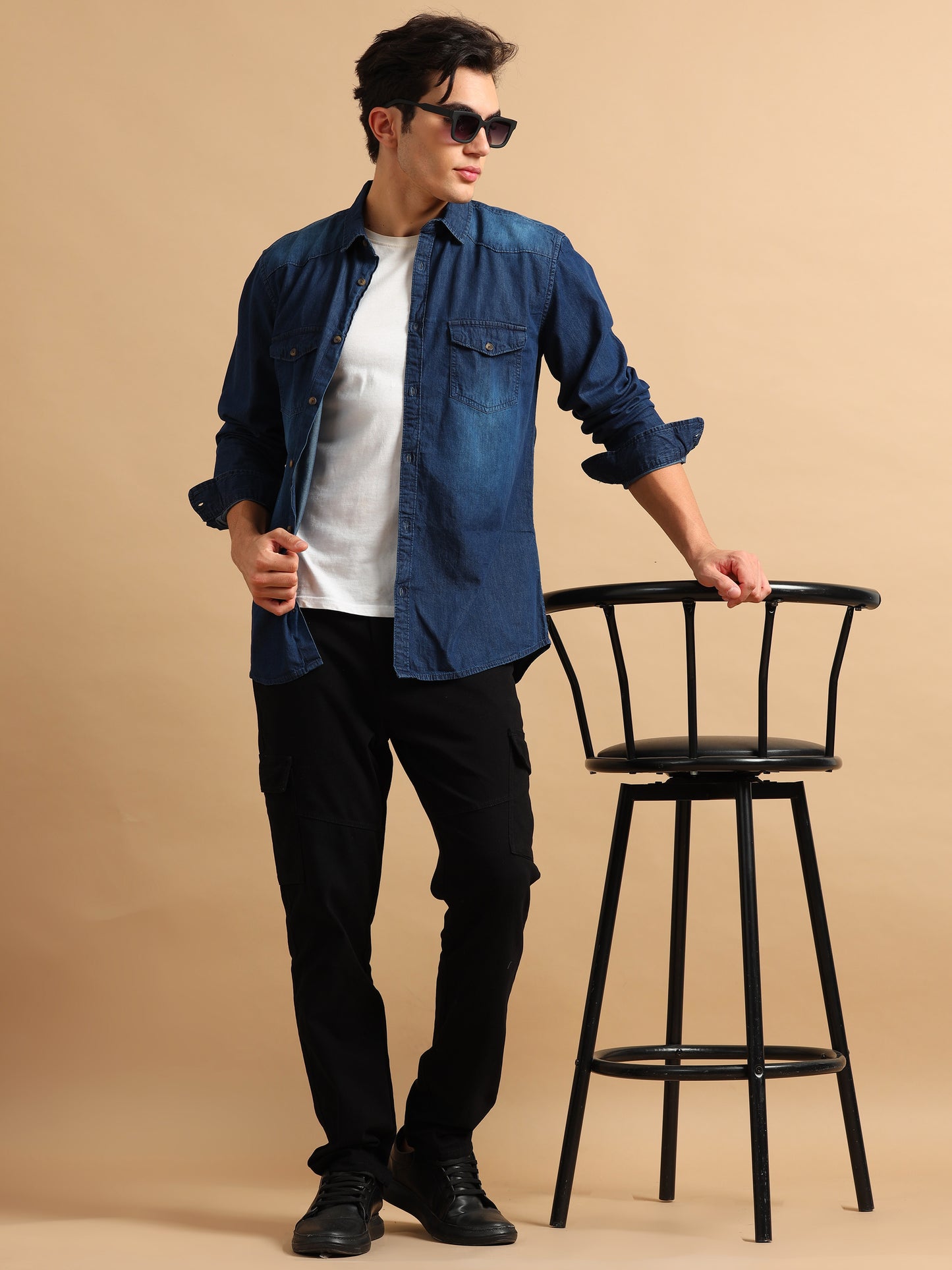 Premium Men Denim Shirt Regular Fit Full Sleeve Cotton Navy Blue