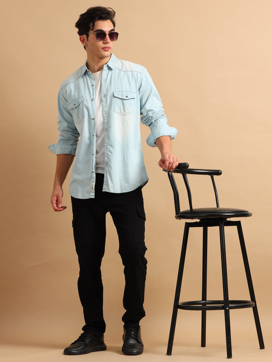 Premium Men Denim Shirt Regular Fit Full Sleeve Cotton Light Blue