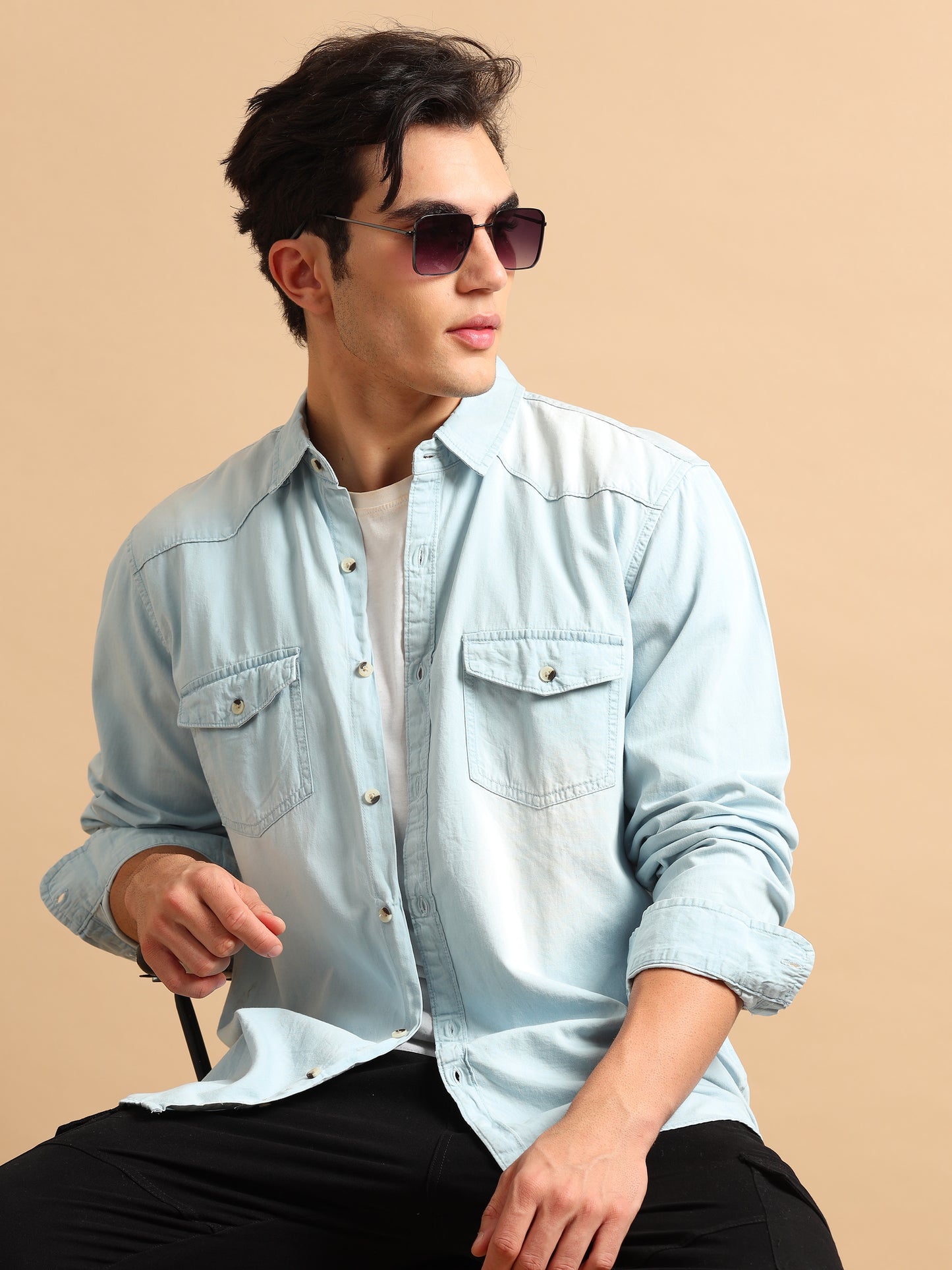 Premium Men Denim Shirt Regular Fit Full Sleeve Cotton Light Blue SILISOUL