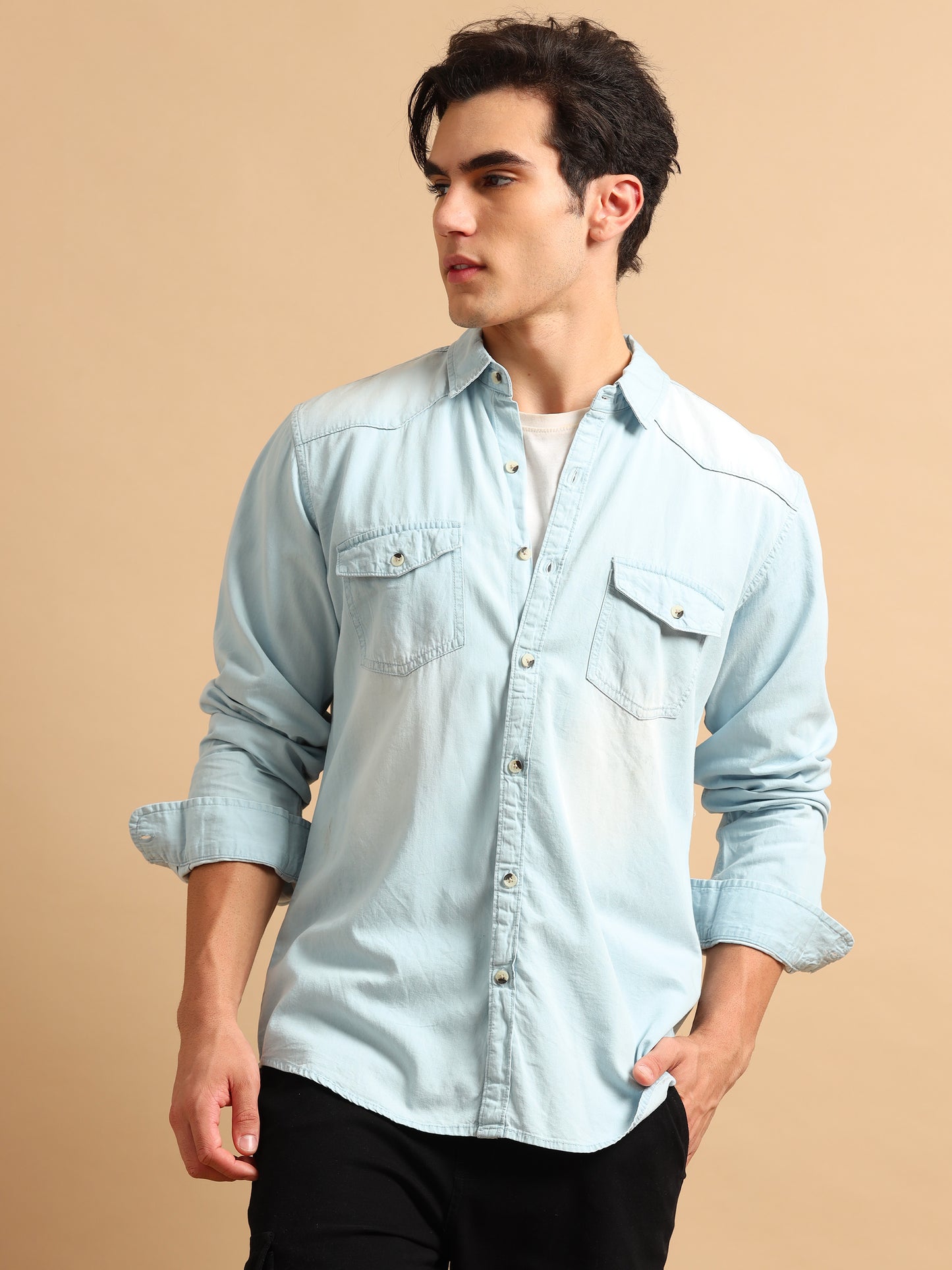 Premium Men Denim Shirt Regular Fit Full Sleeve Cotton Light Blue SILISOUL