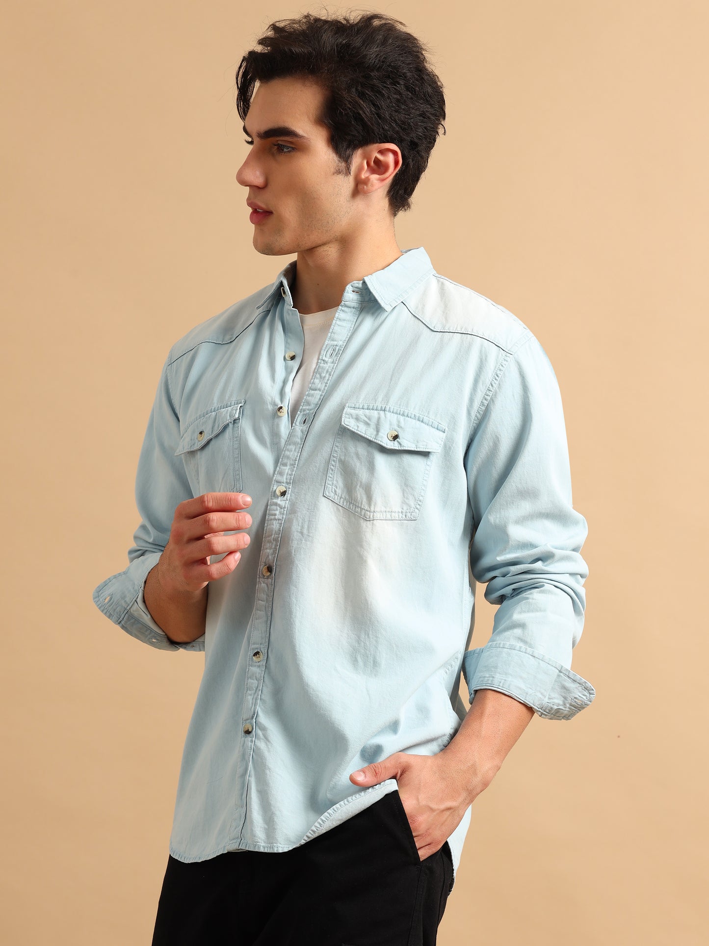 Premium Men Denim Shirt Regular Fit Full Sleeve Cotton Light Blue SILISOUL