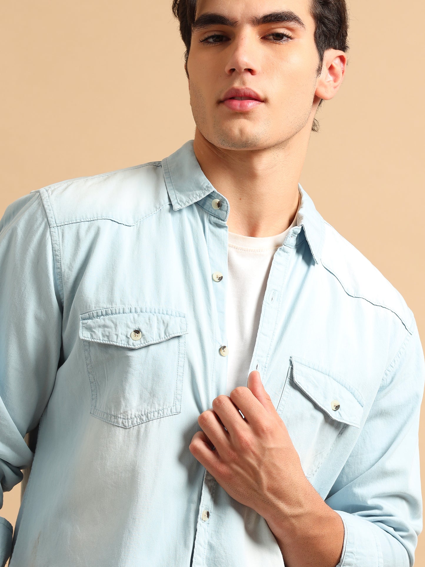 Premium Men Denim Shirt Regular Fit Full Sleeve Cotton Light Blue