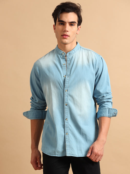 Premium Men Denim Shirt Regular Fit Full Sleeve Cotton Mid Blue