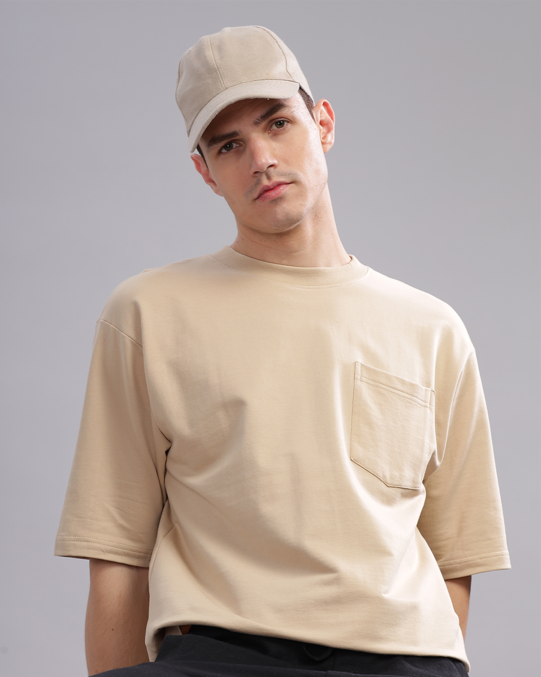 Men Beige Solid Oversized T-Shirt