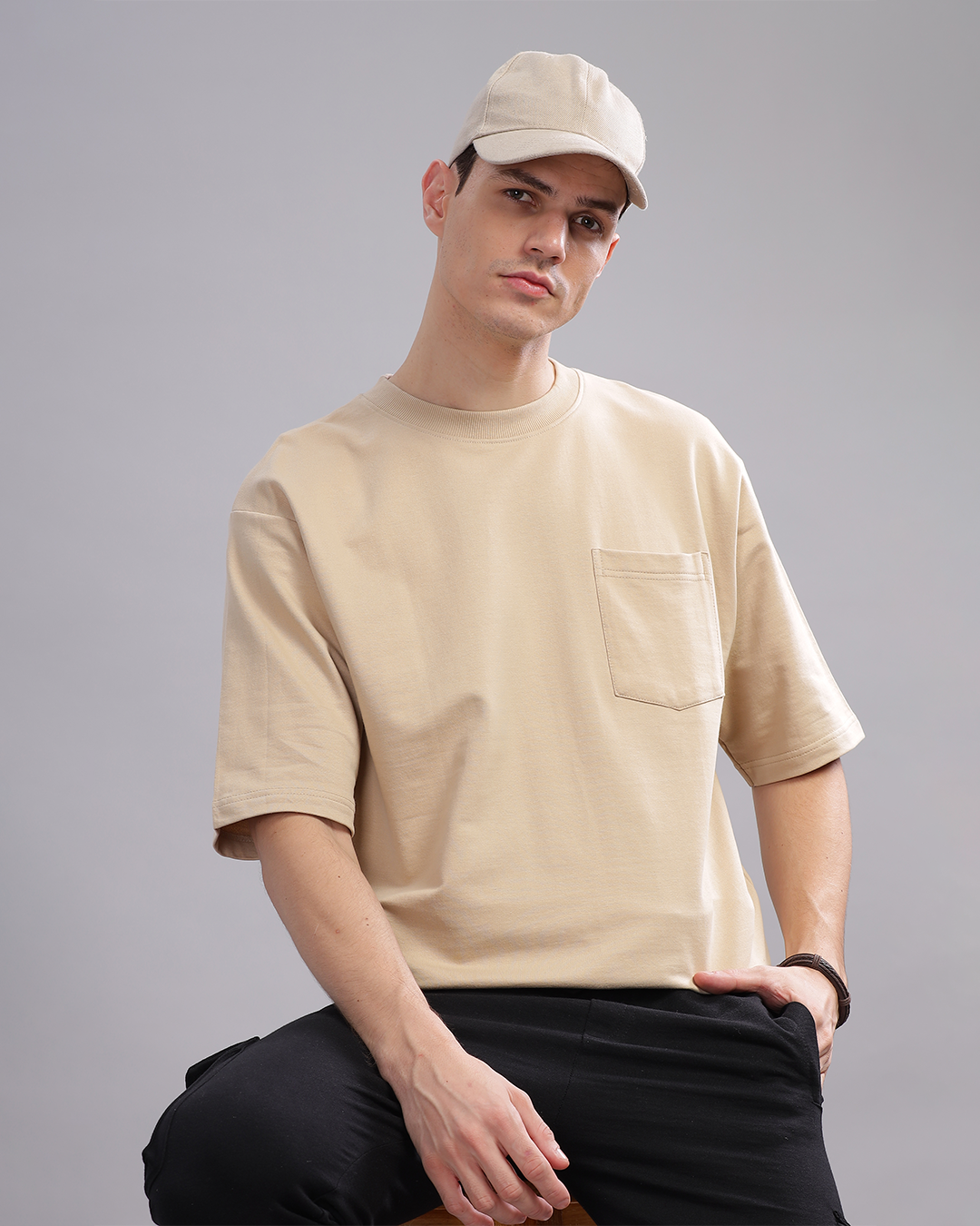 Men Beige Solid Oversized T-Shirt