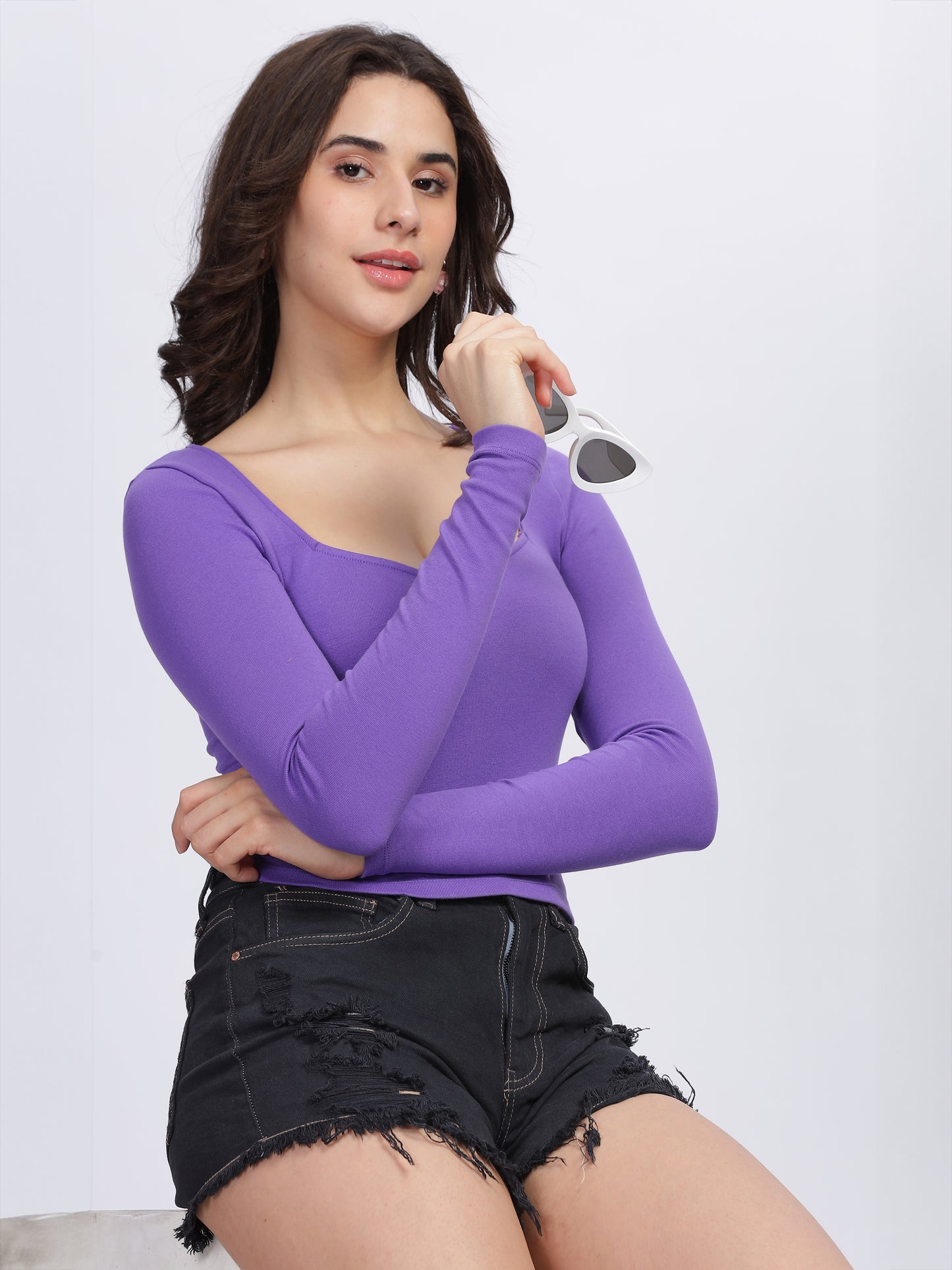 Women Crop Top, Full Sleeve, Cotton Lycra, Purple