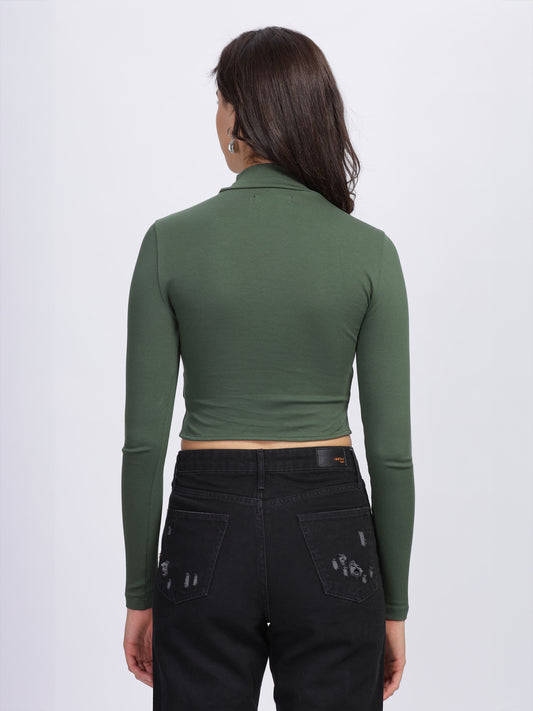 Women Crop Top, Full Sleeve, Cotton Lycra, Green